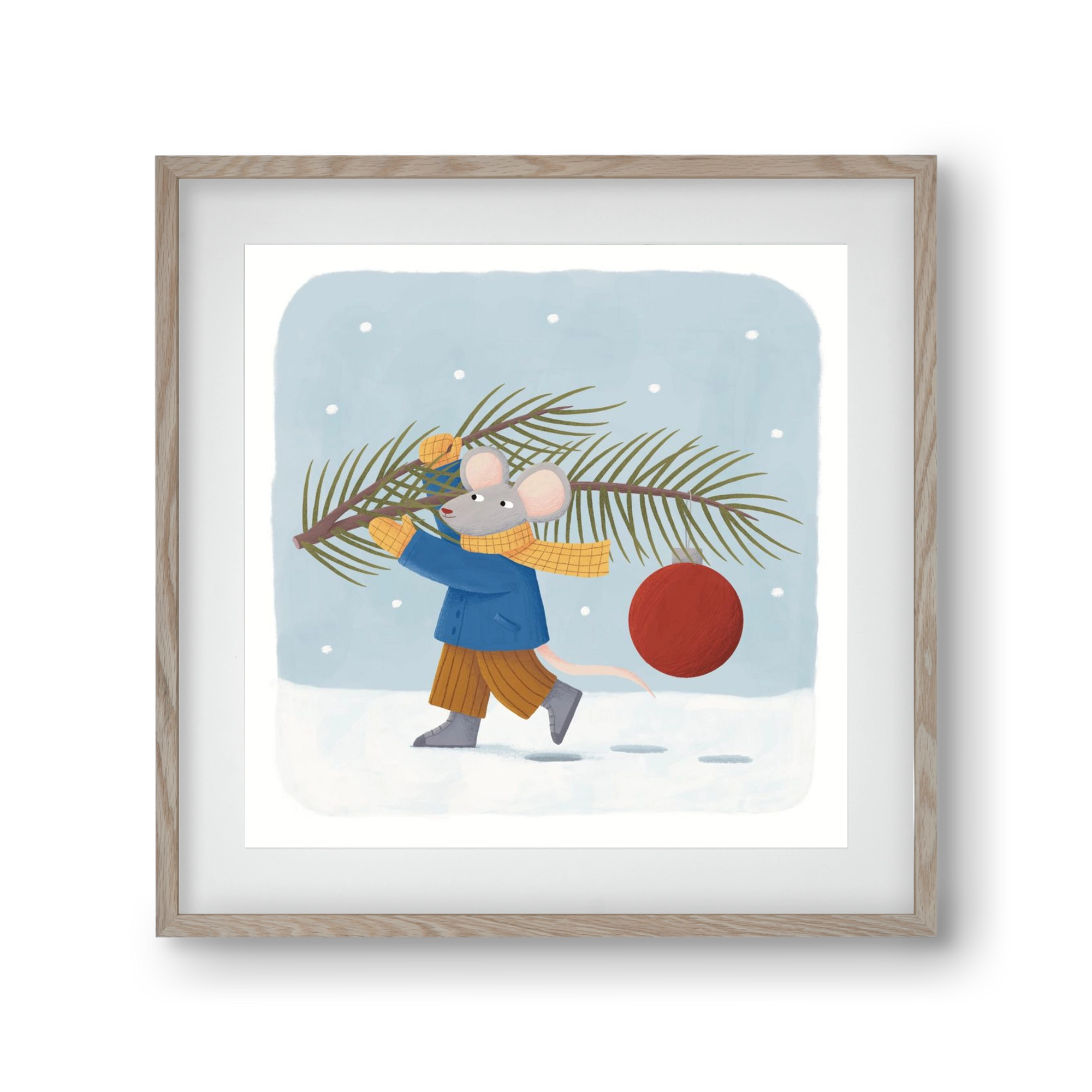Egér karácsonyfadísszel, 30x30 cm (20x20 cm), Tölgy keret, paszpartuval
