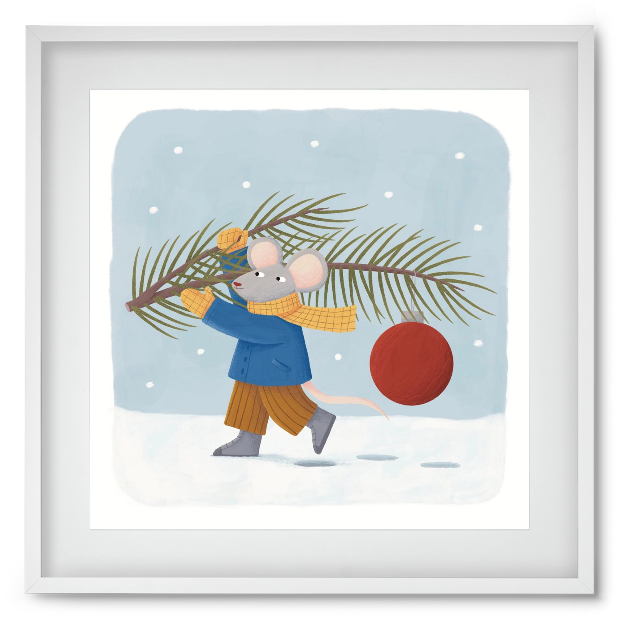 Egér karácsonyfadísszel, 50x50 cm (40x40 cm), Fehér keret, paszpartuval
