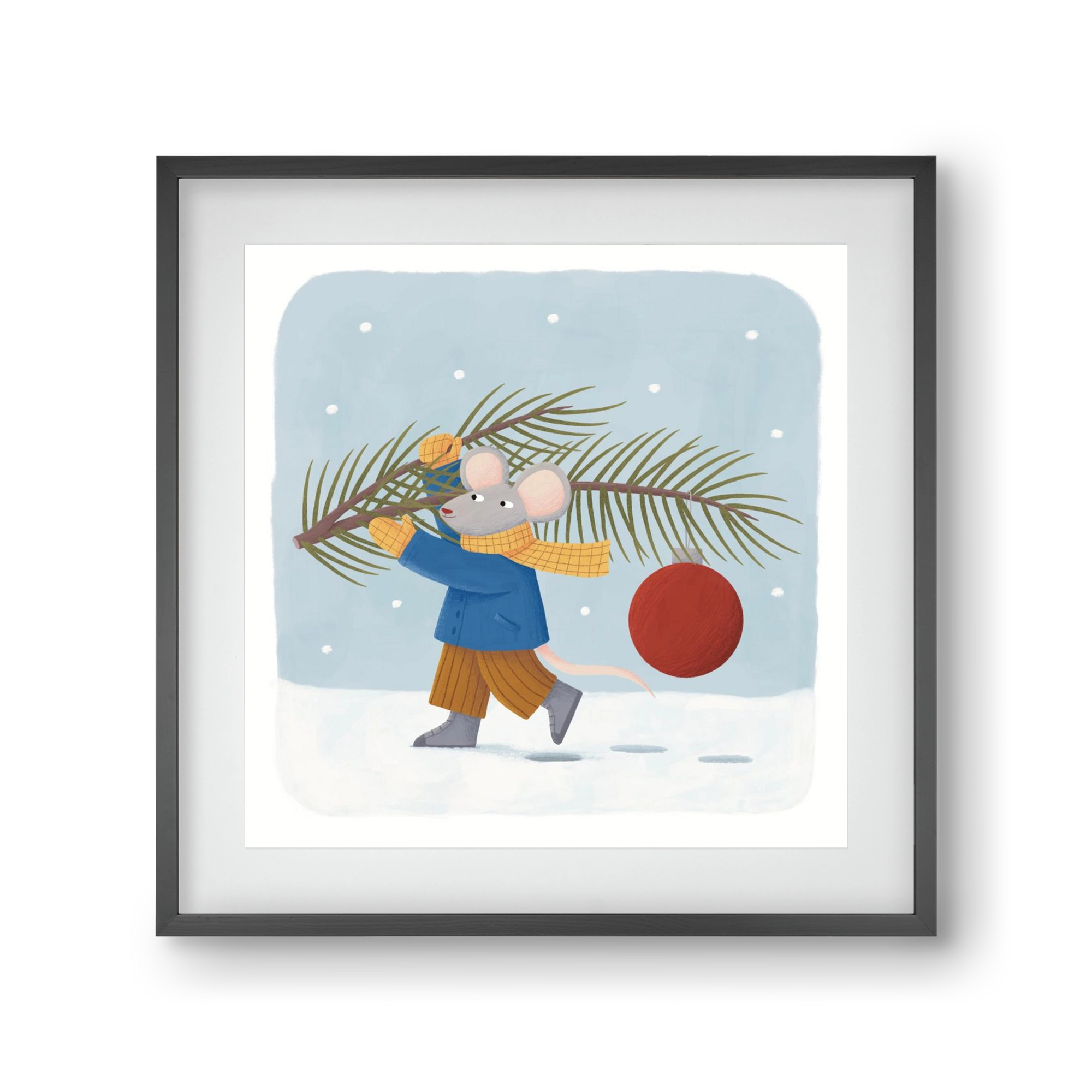 Egér karácsonyfadísszel, 30x30 cm (20x20 cm), Fekete keret, paszpartuval