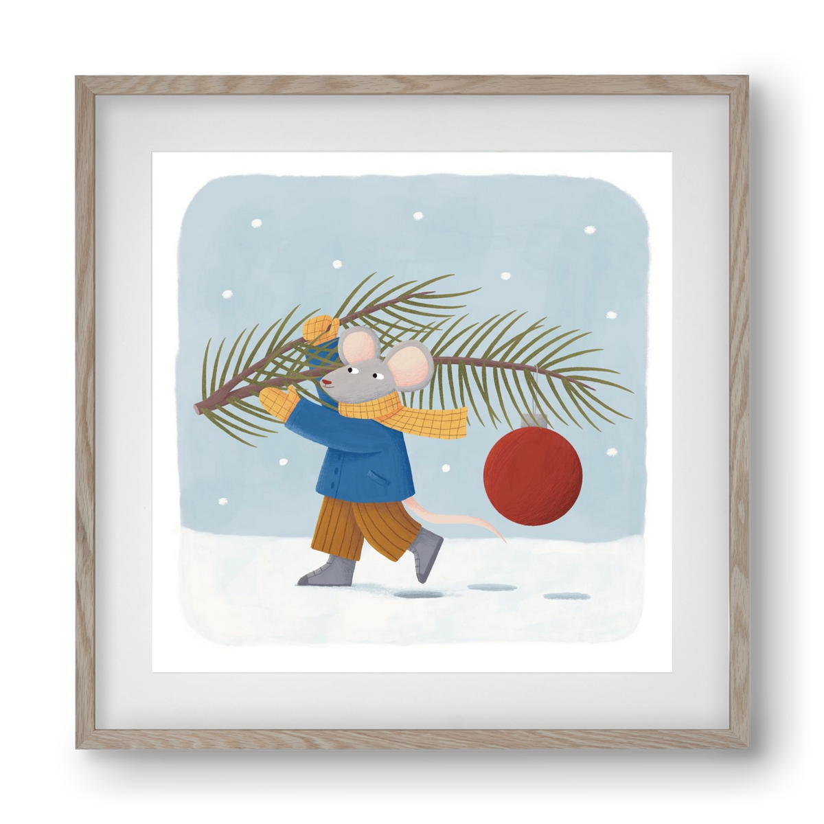 Egér karácsonyfadísszel, 40x40 cm (30x30 cm), Tölgy keret, paszpartuval