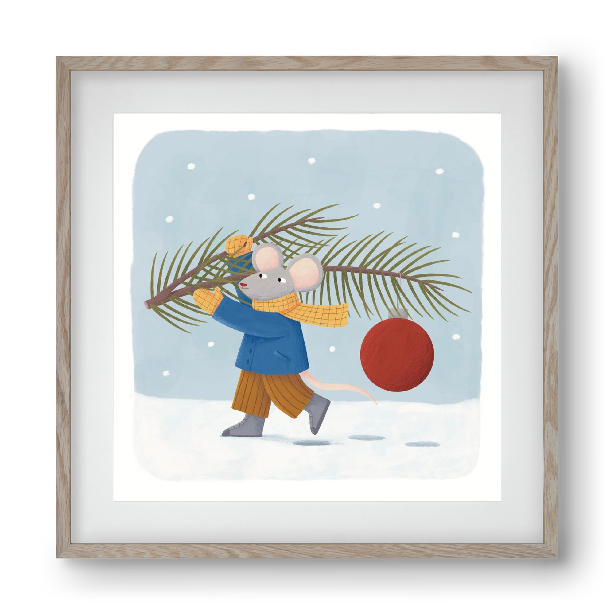 Egér karácsonyfadísszel, 40x40 cm (30x30 cm), Tölgy keret, paszpartuval