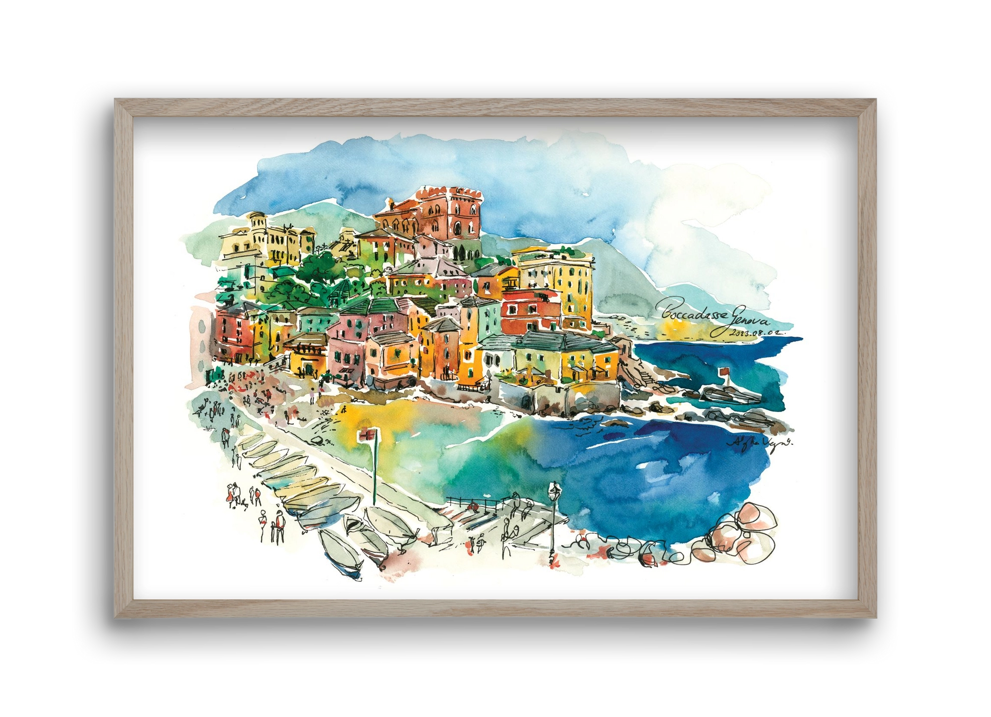 BOCCADASSE, Genova, Italy - 2023.08.02., 45x30 cm (45x30 cm), Tölgy keret