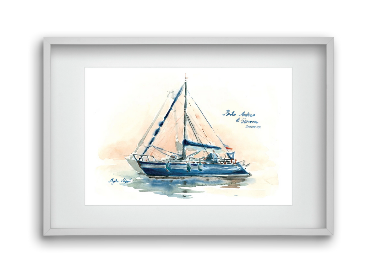 Boats in Porto Antico di Genova, Italy - 2022.08.05., 45x30 cm (30x20 cm), Fehér keret, paszpartuval
