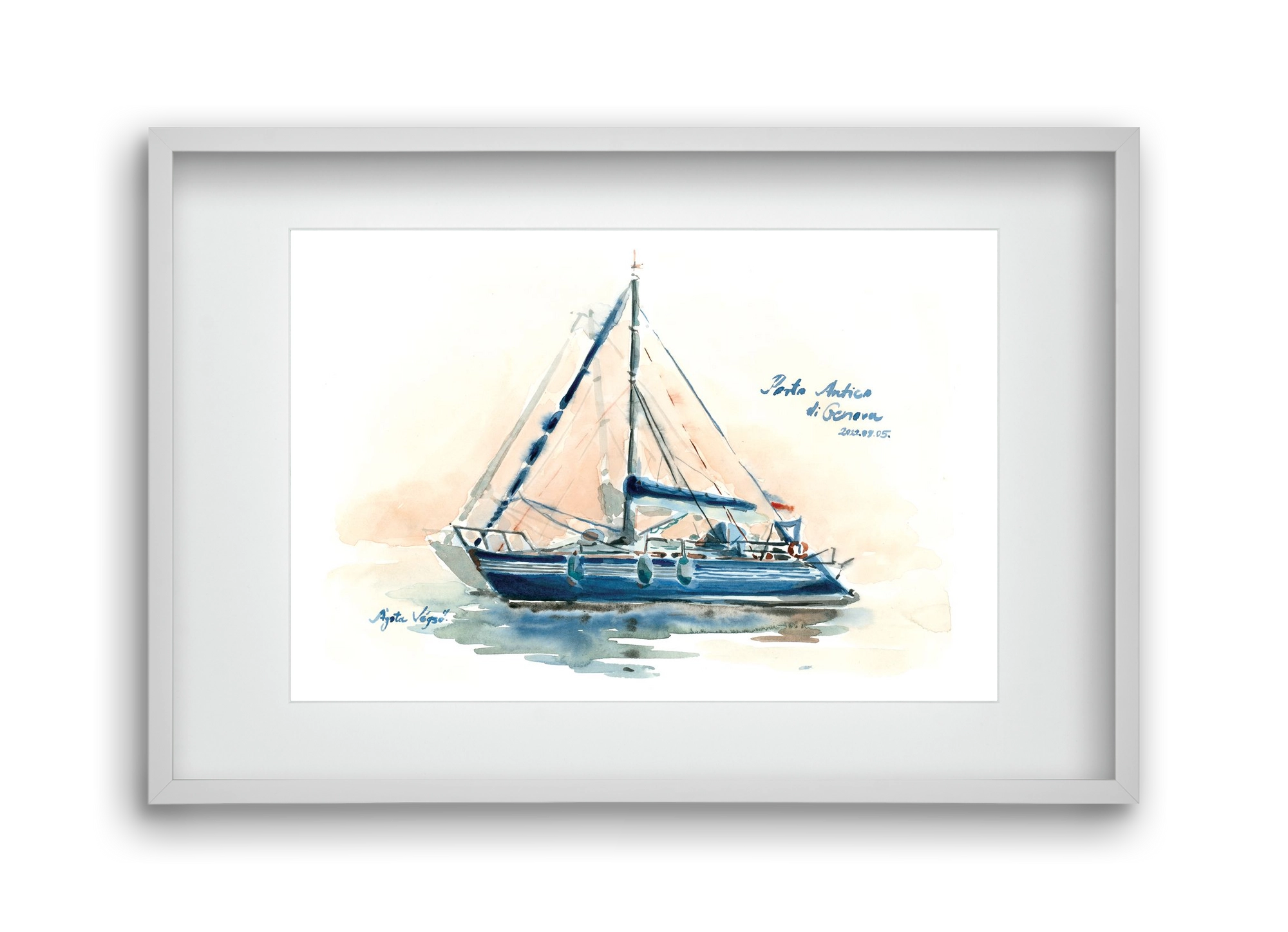 Boats in Porto Antico di Genova, Italy - 2022.08.05., 45x30 cm (30x20 cm), Fehér keret, paszpartuval