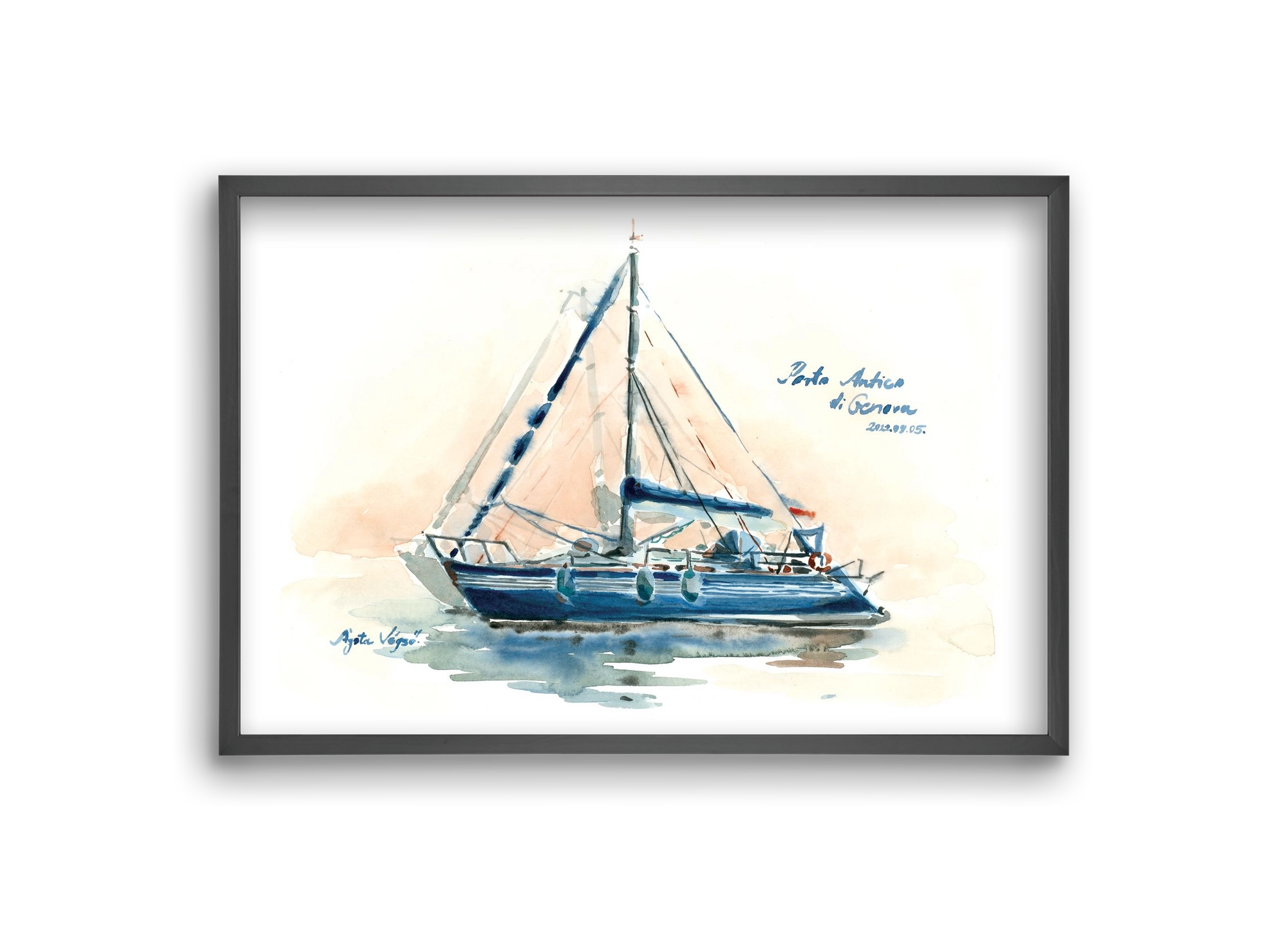 Boats in Porto Antico di Genova, Italy - 2022.08.05., 30x20 cm (30x20 cm), Fekete keret