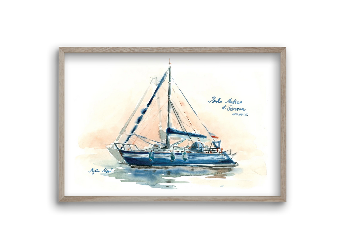 Boats in Porto Antico di Genova, Italy - 2022.08.05., 30x20 cm (30x20 cm), Tölgy keret