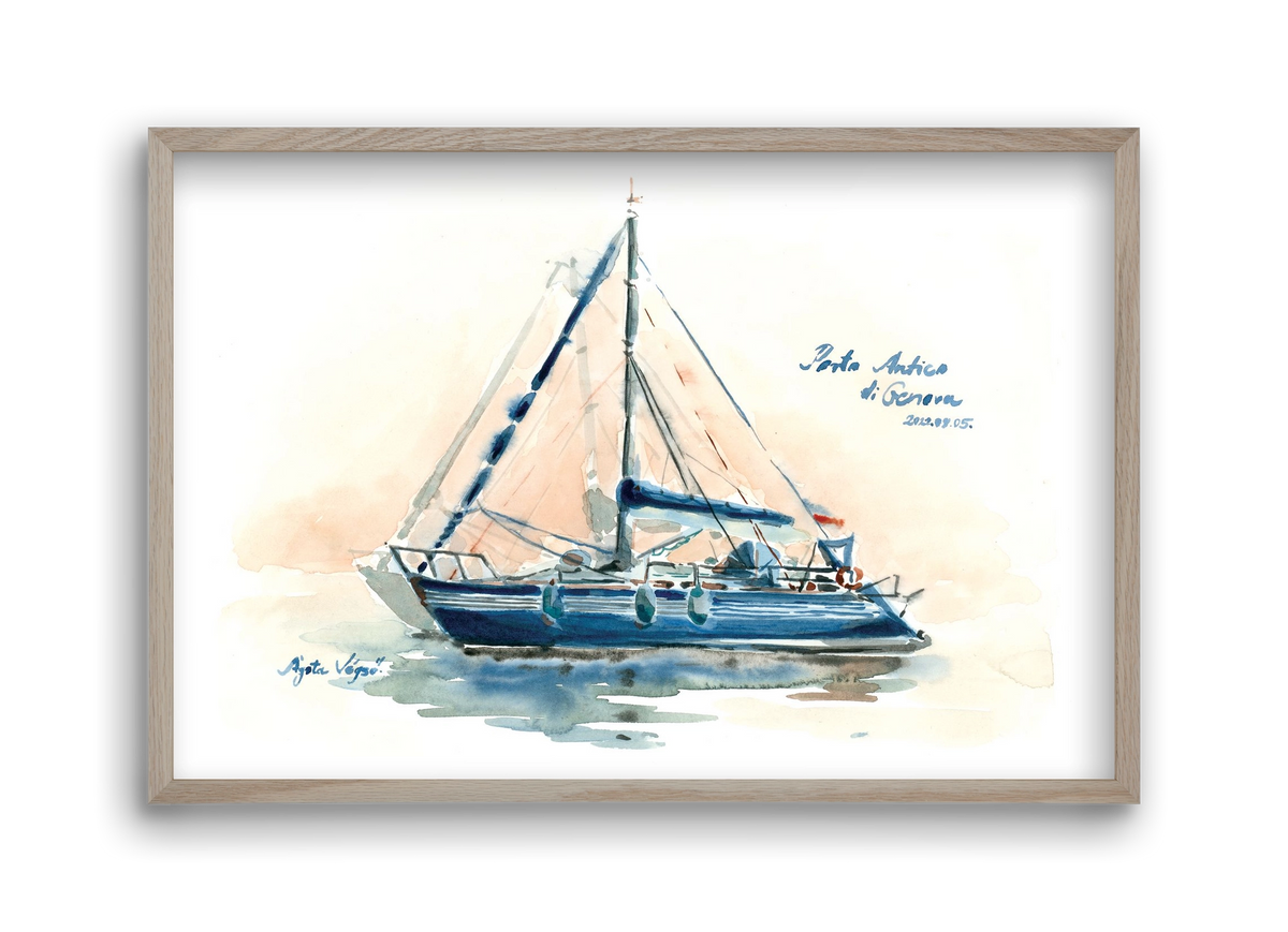 Boats in Porto Antico di Genova, Italy - 2022.08.05., 45x30 cm (45x30 cm), Tölgy keret