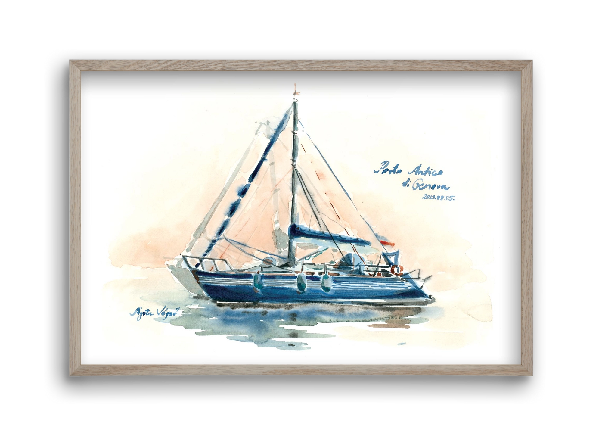 Boats in Porto Antico di Genova, Italy - 2022.08.05., 45x30 cm (45x30 cm), Tölgy keret