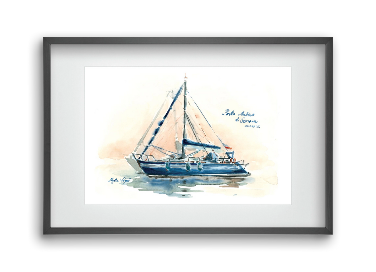 Boats in Porto Antico di Genova, Italy - 2022.08.05., 45x30 cm (30x20 cm), Fekete keret, paszpartuval