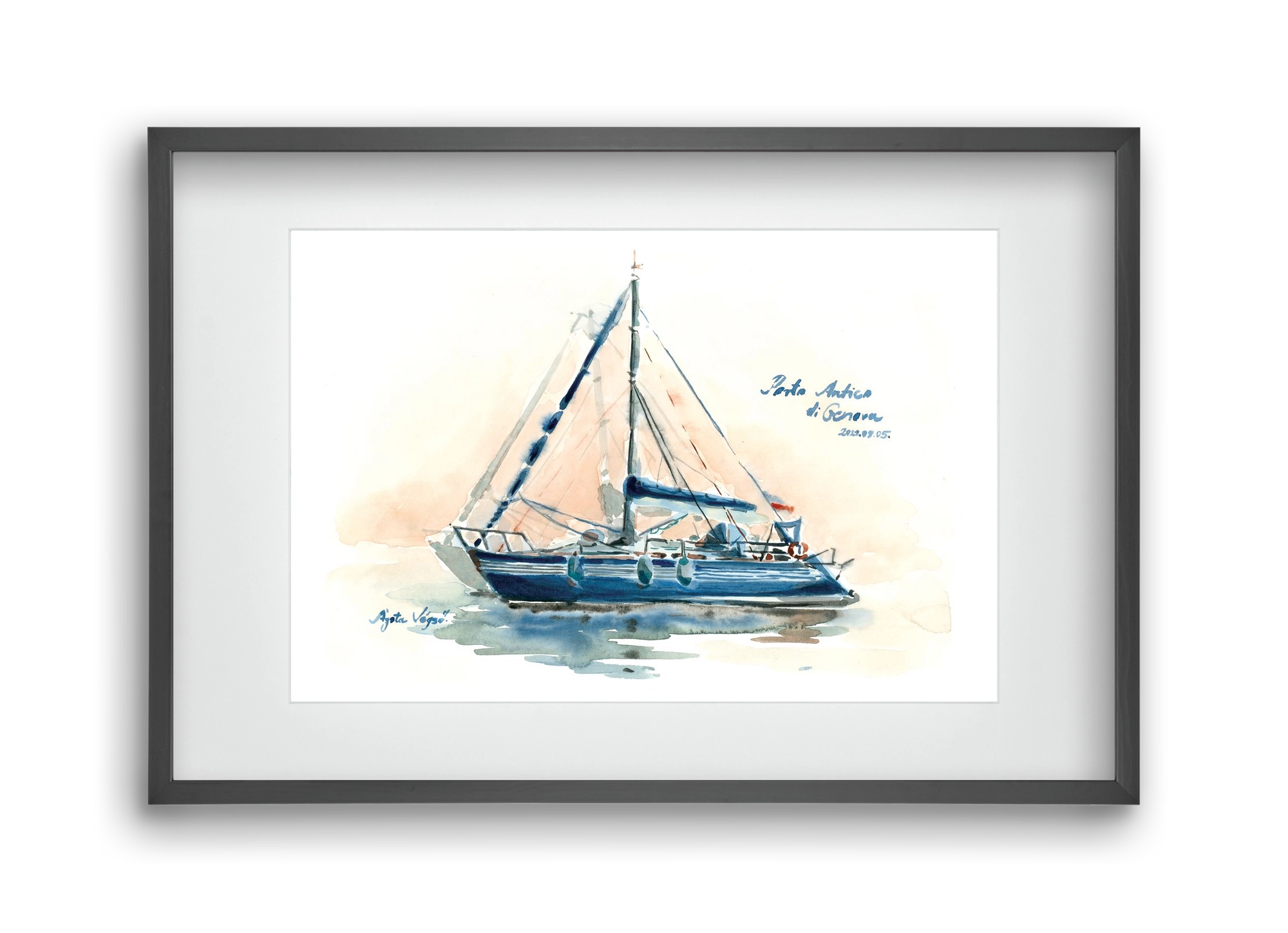 Boats in Porto Antico di Genova, Italy - 2022.08.05., 45x30 cm (30x20 cm), Fekete keret, paszpartuval