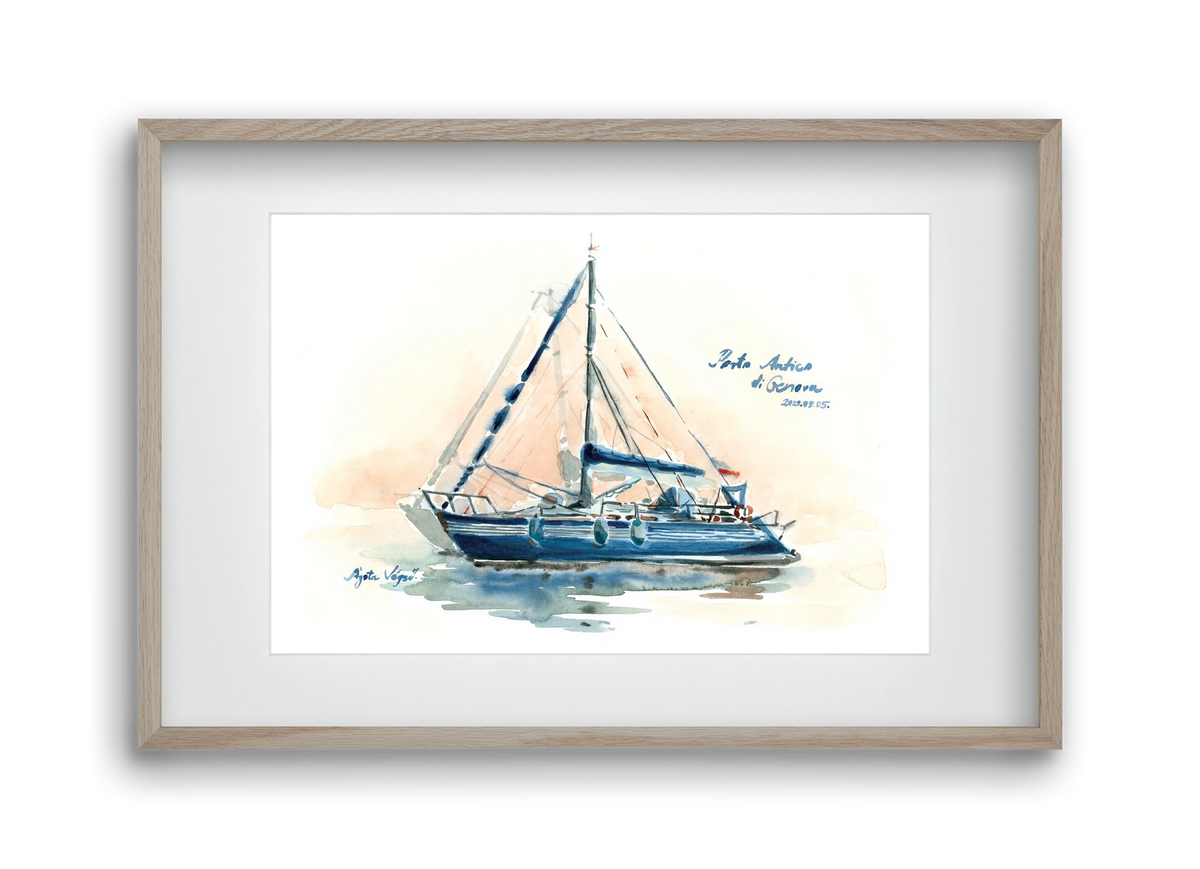 Boats in Porto Antico di Genova, Italy - 2022.08.05., 45x30 cm (30x20 cm), Tölgy keret, paszpartuval
