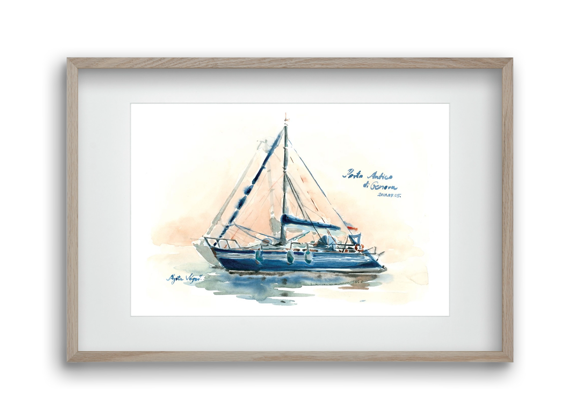 Boats in Porto Antico di Genova, Italy - 2022.08.05., 45x30 cm (30x20 cm), Tölgy keret, paszpartuval