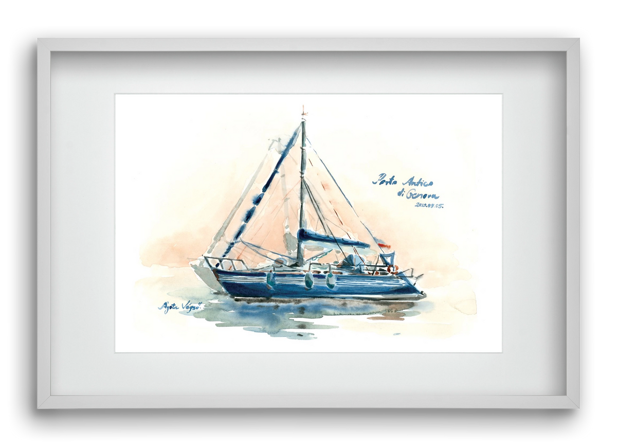 Boats in Porto Antico di Genova, Italy - 2022.08.05., 60x40 cm (45x30 cm), Fehér keret, paszpartuval