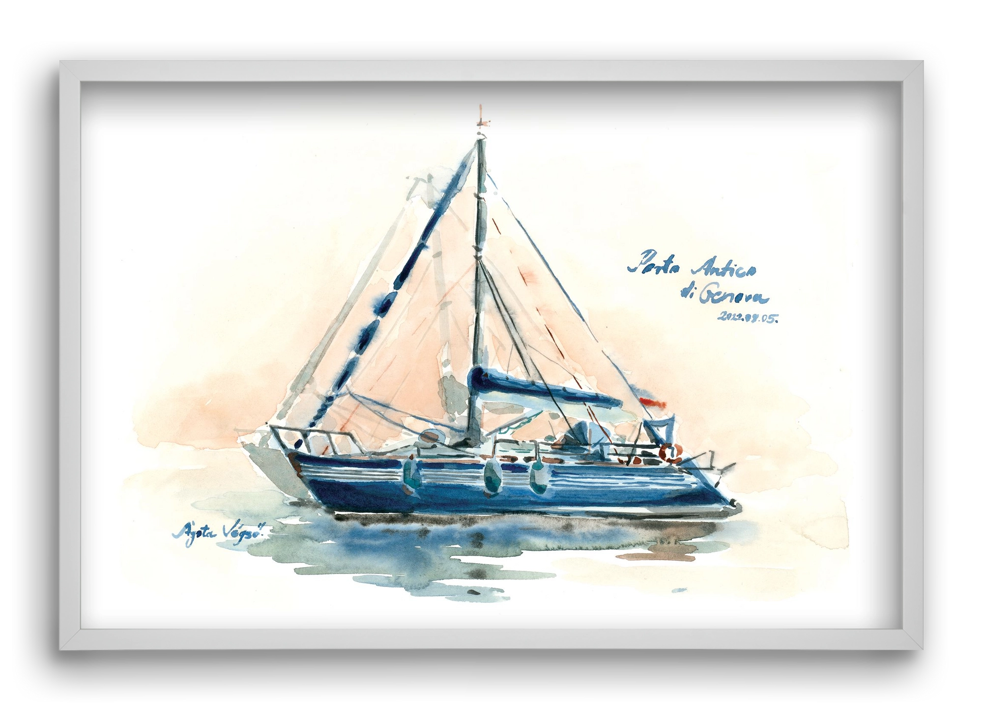 Boats in Porto Antico di Genova, Italy - 2022.08.05., 60x40 cm (60x40 cm), Fehér keret