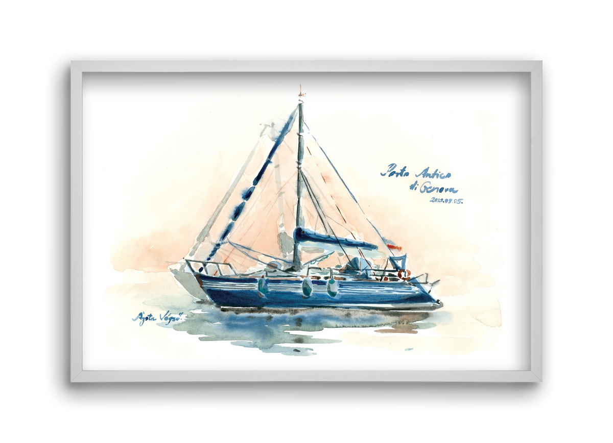Boats in Porto Antico di Genova, Italy - 2022.08.05., 45x30 cm (45x30 cm), Fehér keret