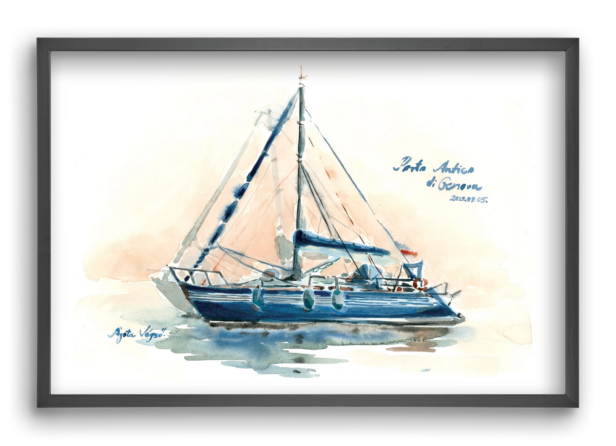 Boats in Porto Antico di Genova, Italy - 2022.08.05., 60x40 cm (60x40 cm), Fekete keret