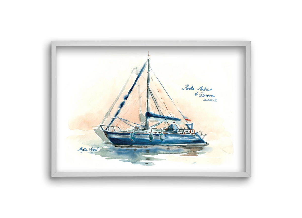 Boats in Porto Antico di Genova, Italy - 2022.08.05., 30x20 cm (30x20 cm), Fehér keret