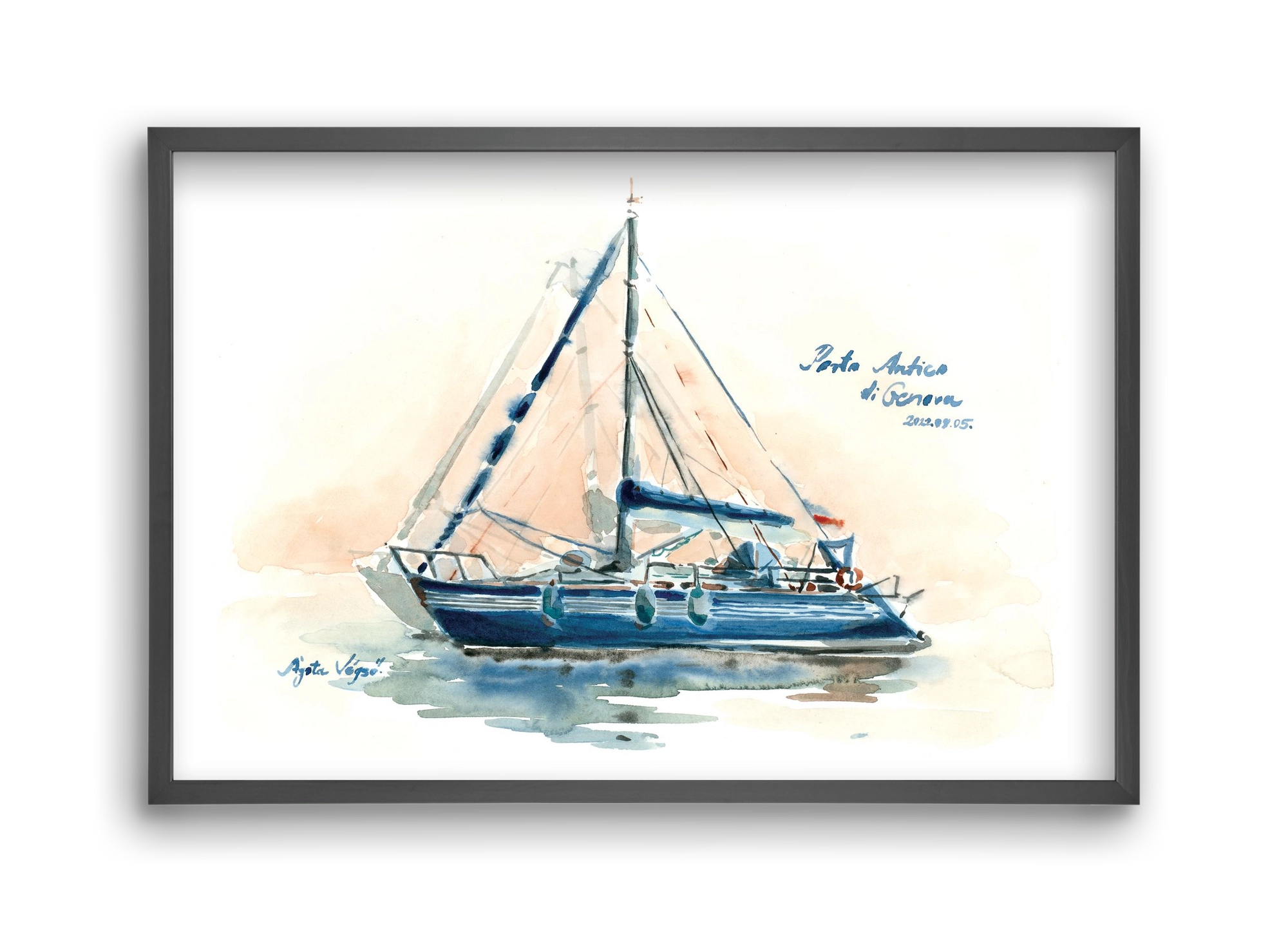 Boats in Porto Antico di Genova, Italy - 2022.08.05., 45x30 cm (45x30 cm), Fekete keret