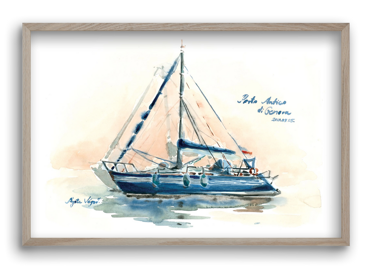 Boats in Porto Antico di Genova, Italy - 2022.08.05., 60x40 cm (60x40 cm), Tölgy keret