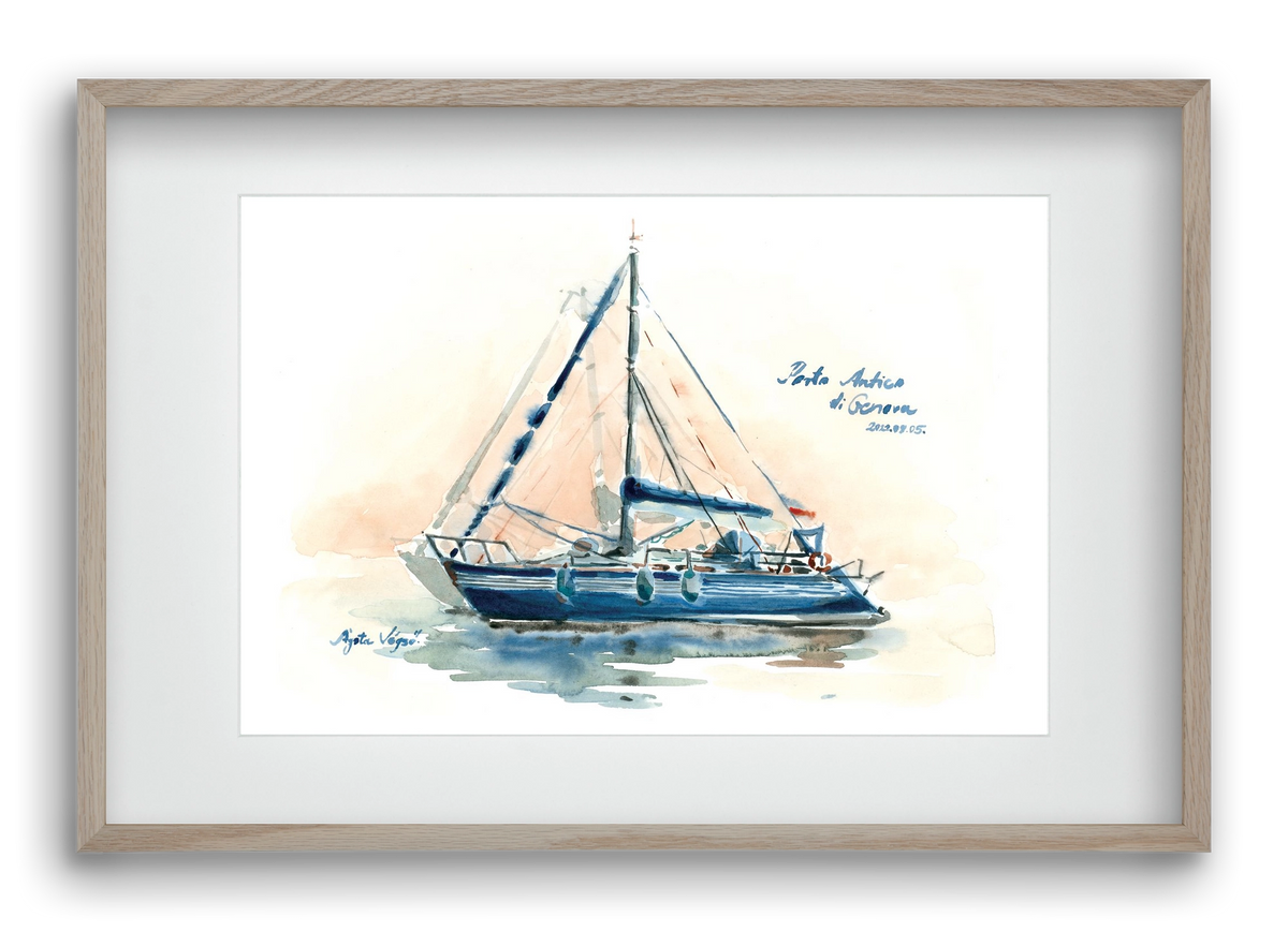 Boats in Porto Antico di Genova, Italy - 2022.08.05., 60x40 cm (45x30 cm), Tölgy keret, paszpartuval