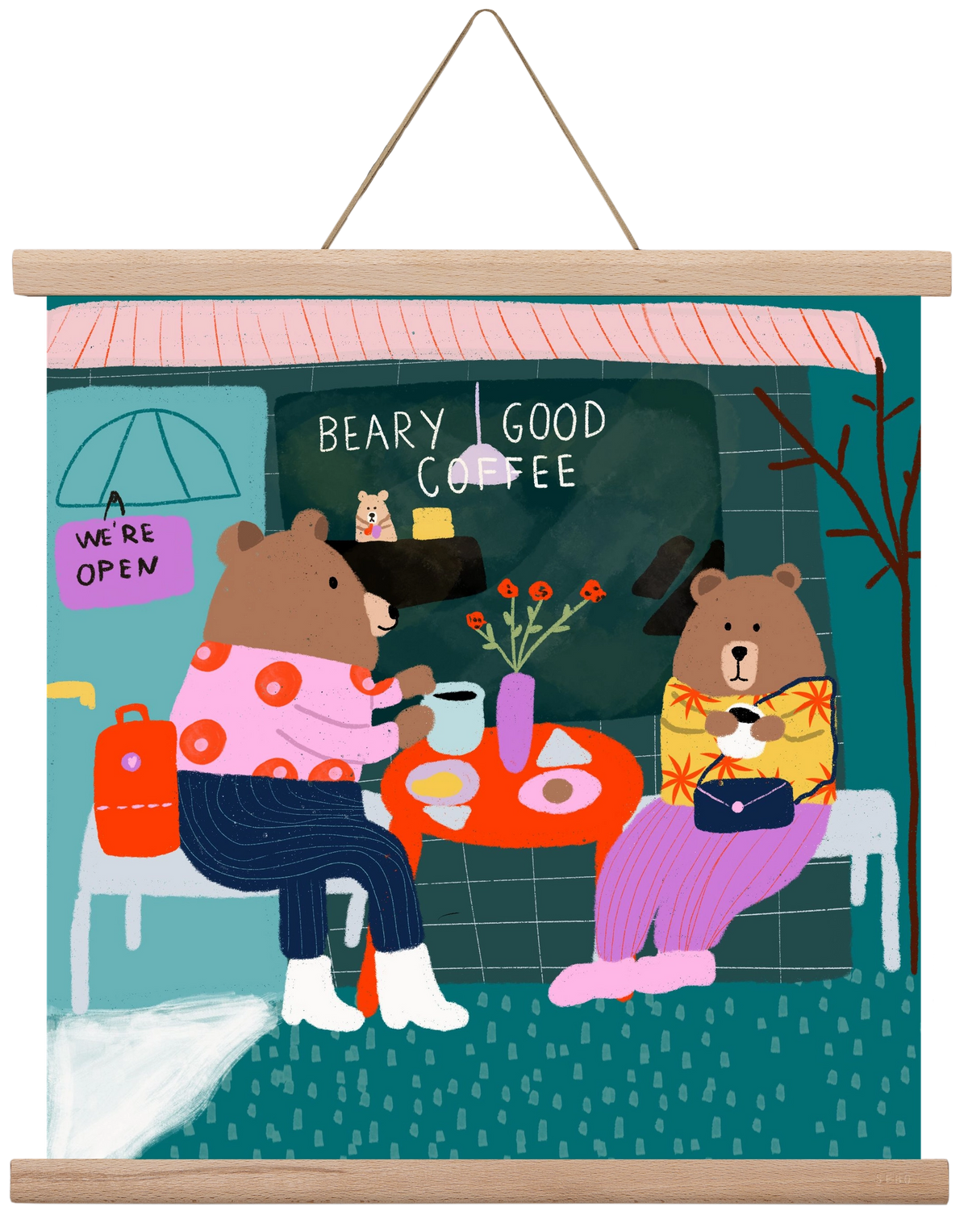 The Bear-y good Coffee Shop , 40x40 cm (40x40 cm), Tölgy akasztó