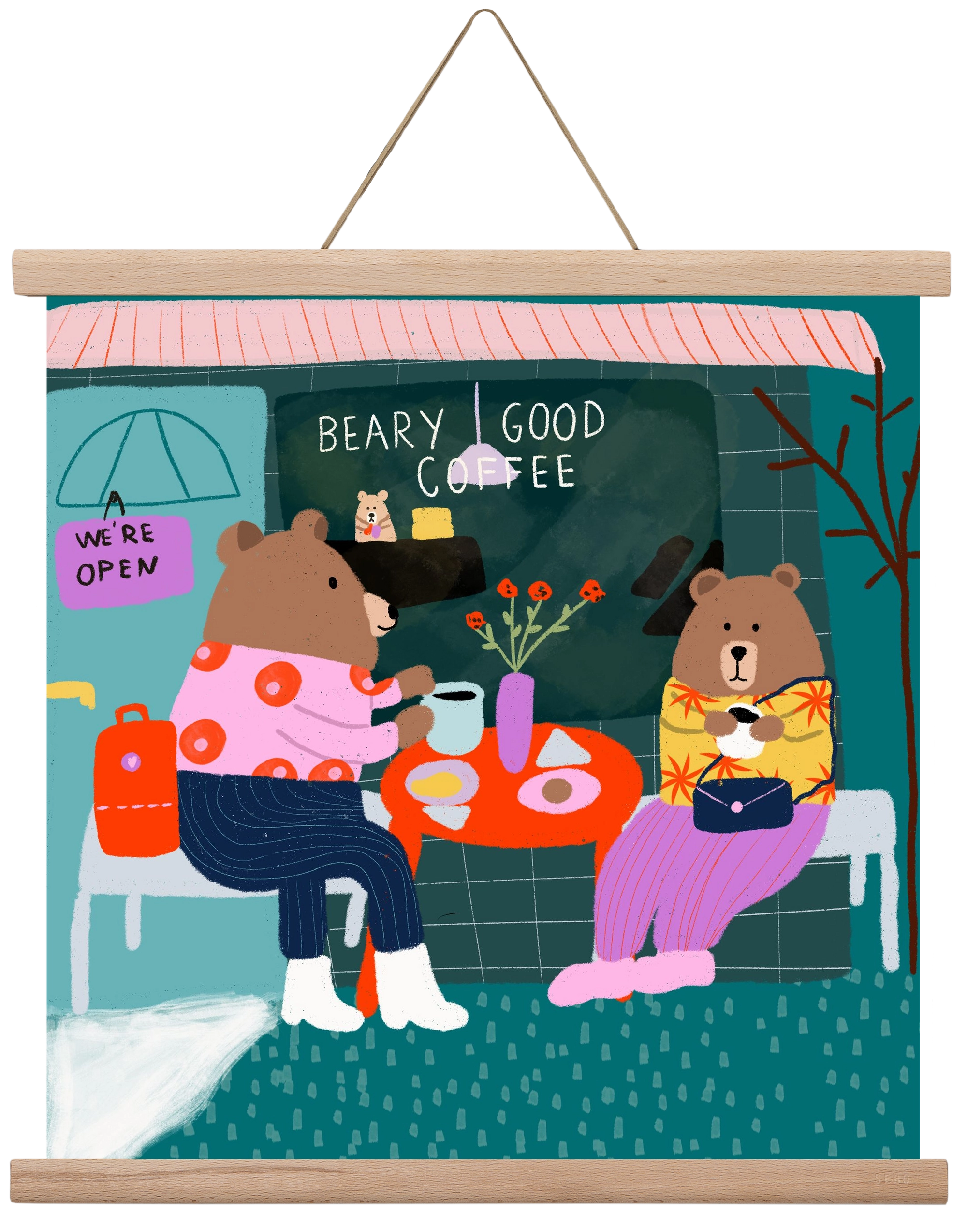 The Bear-y good Coffee Shop , 40x40 cm (40x40 cm), Tölgy akasztó