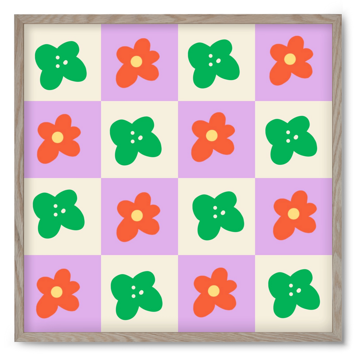 Checkered Flowers , 50x50 cm (50x50 cm), Tölgy keret