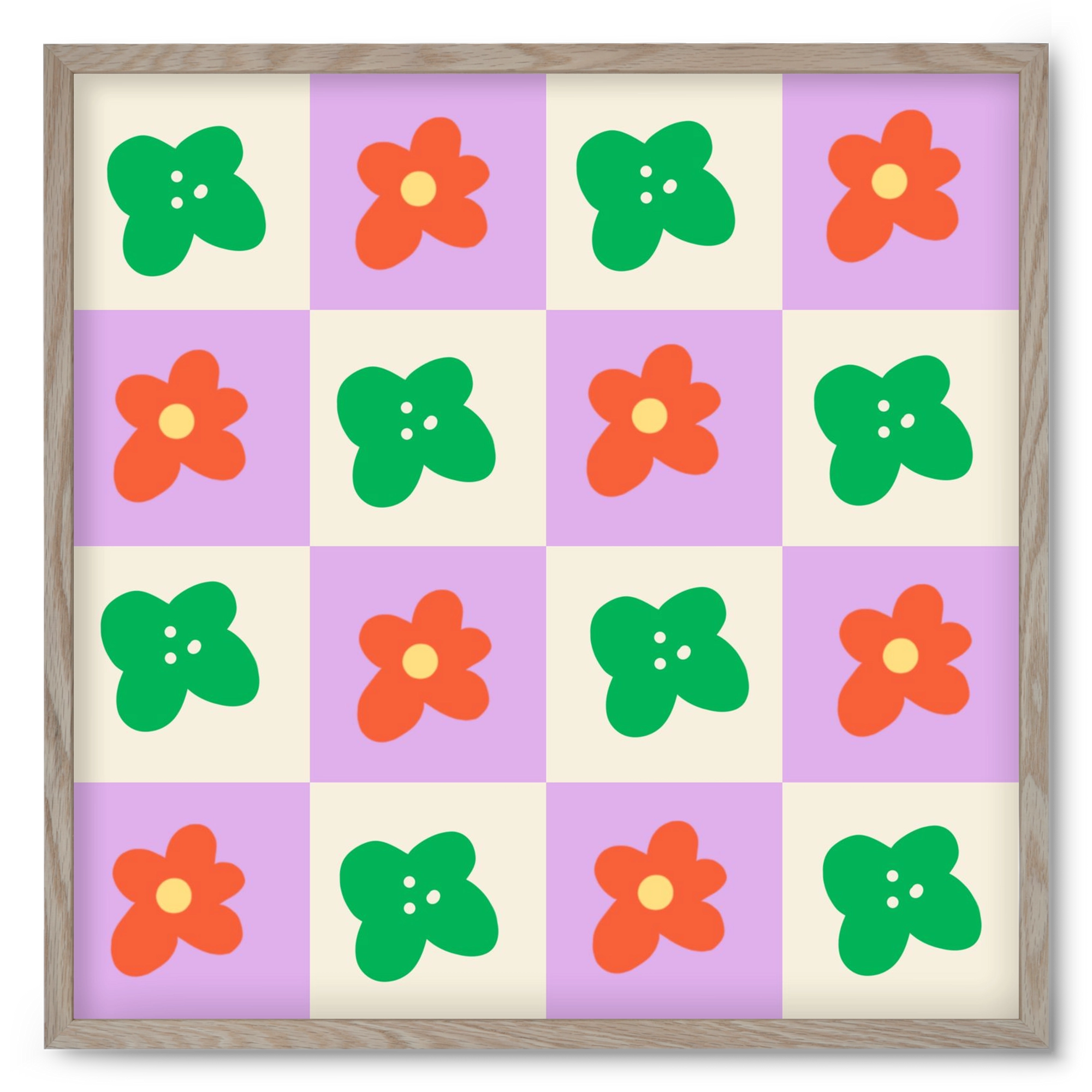 Checkered Flowers , 50x50 cm (50x50 cm), Tölgy keret