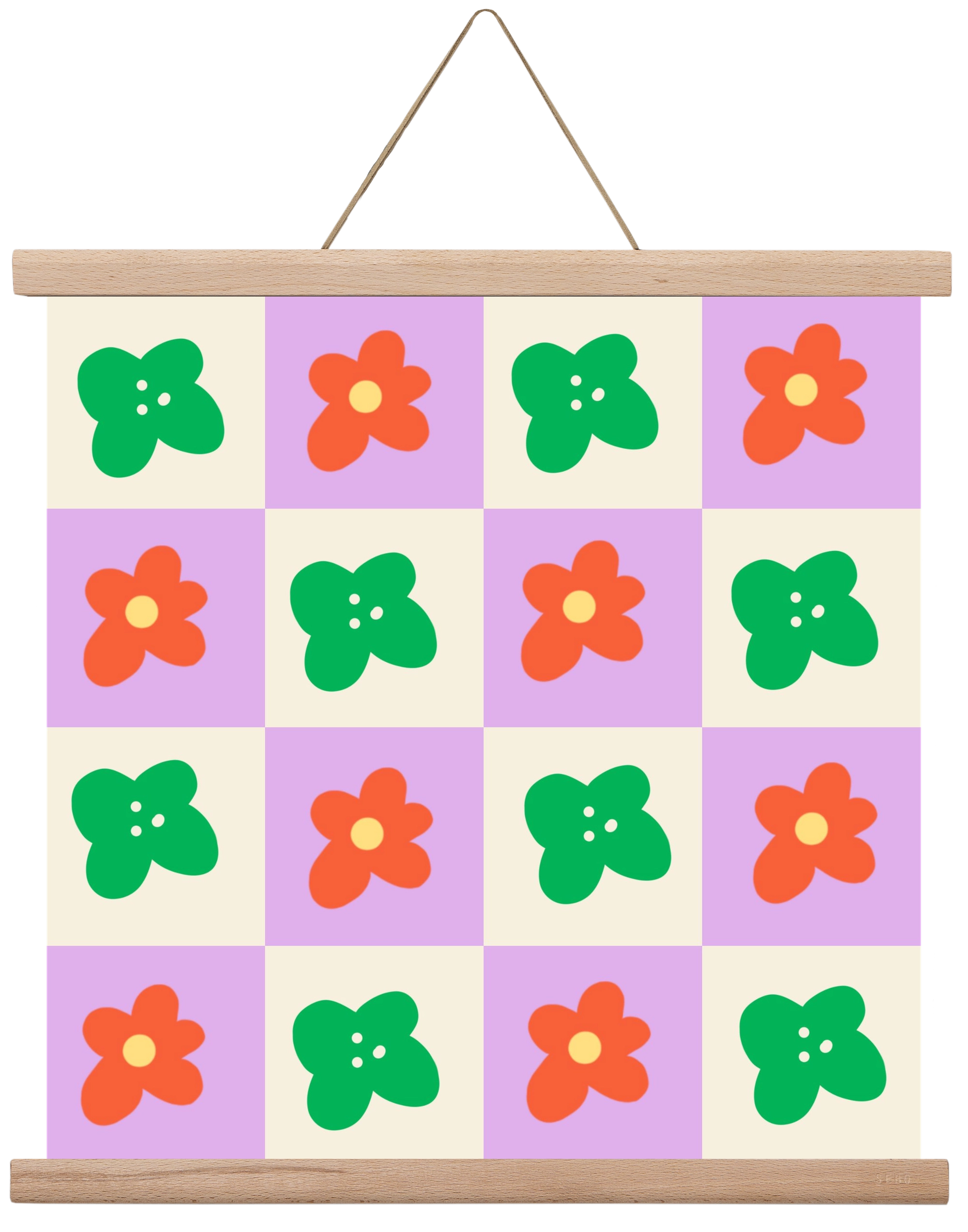 Checkered Flowers , 40x40 cm (40x40 cm), Tölgy akasztó