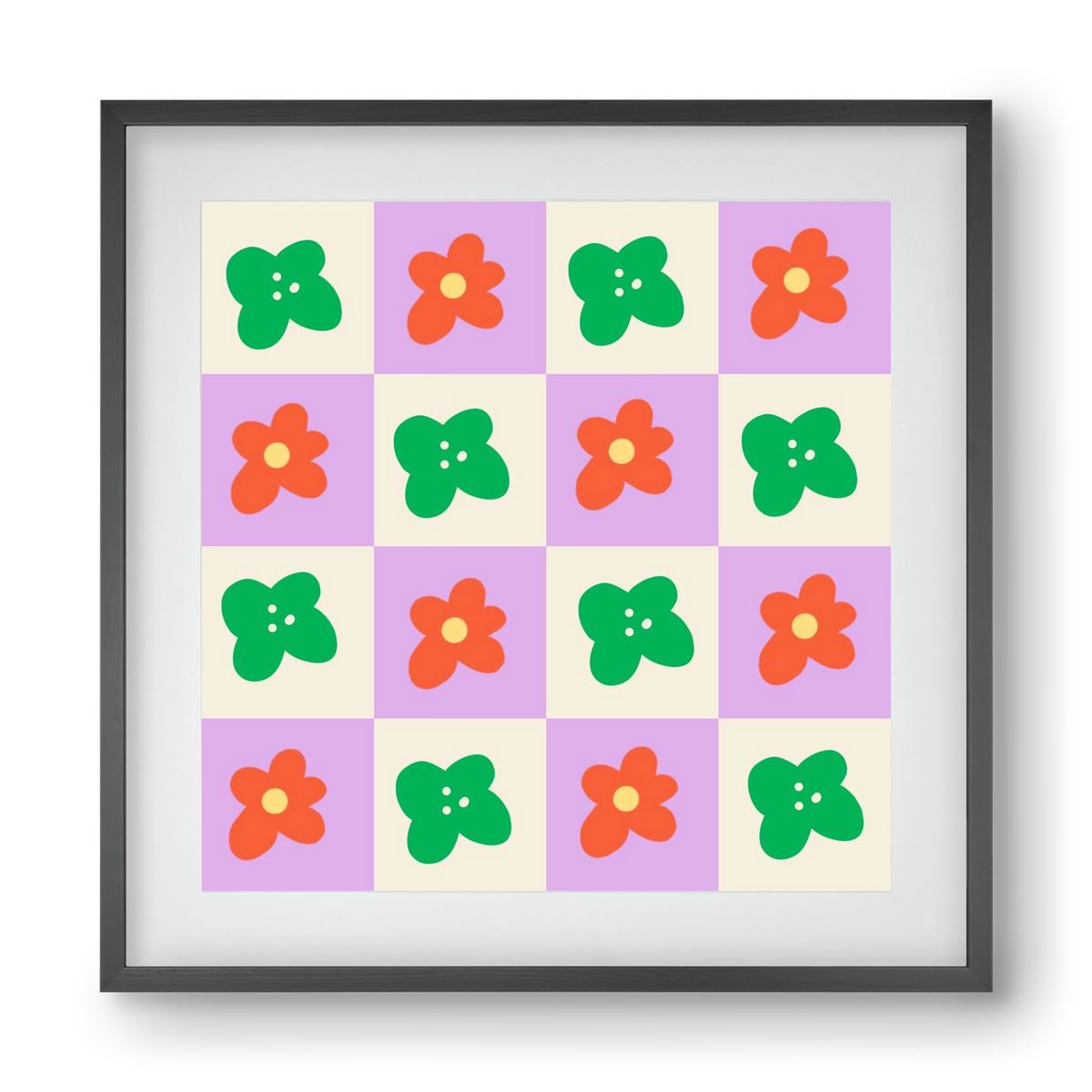 Checkered Flowers , 40x40 cm (30x30 cm), Fekete keret, paszpartuval