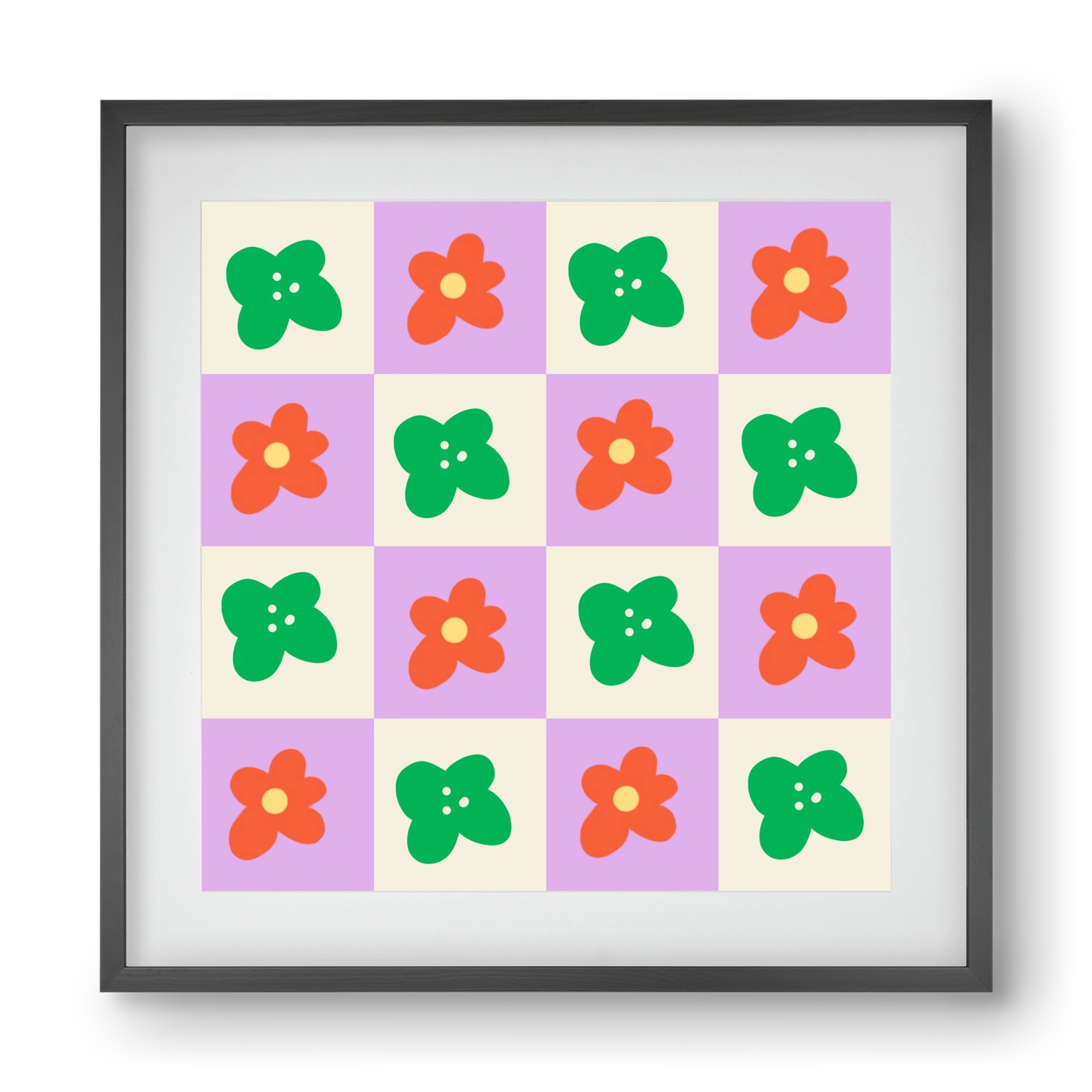 Checkered Flowers , 40x40 cm (30x30 cm), Fekete keret, paszpartuval