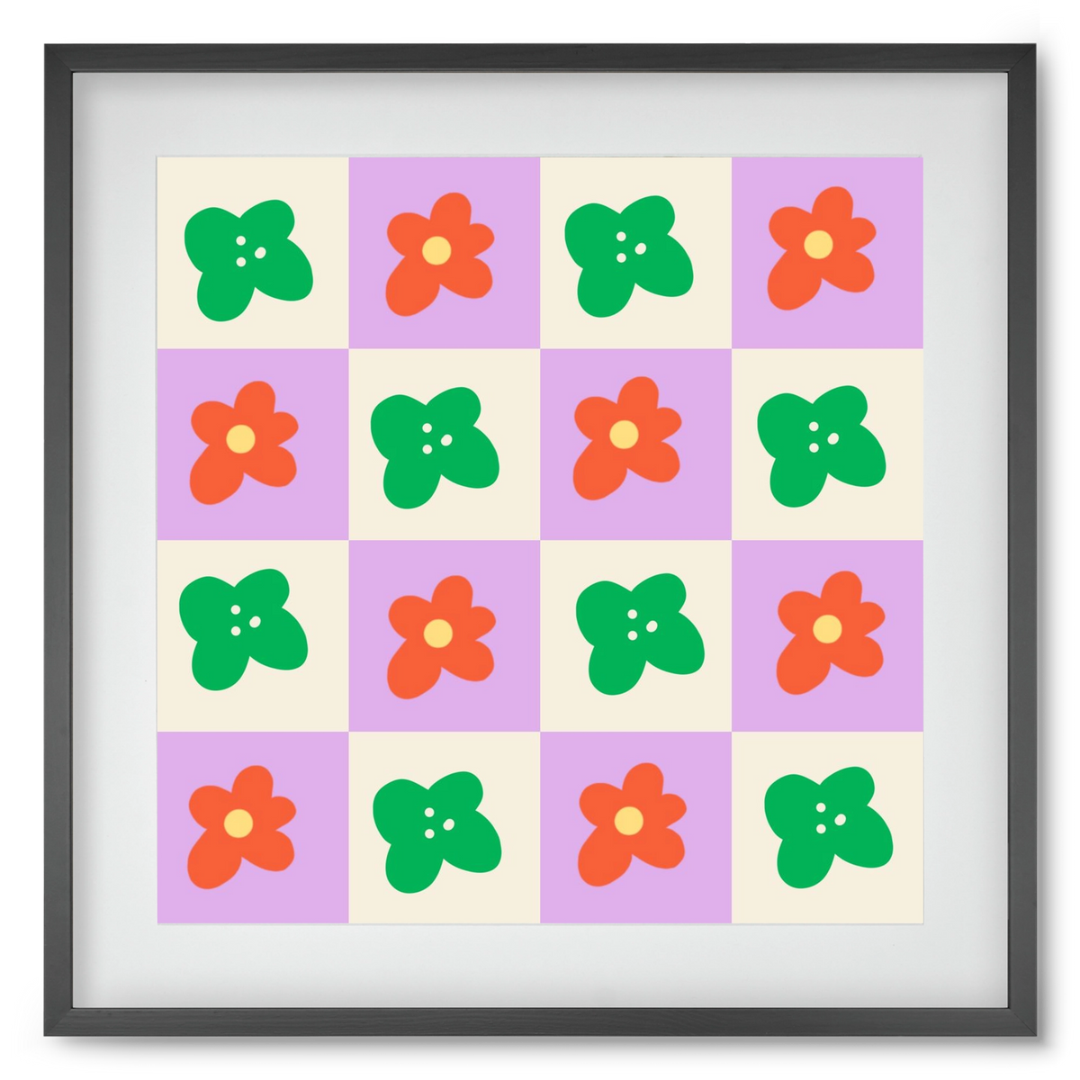 Checkered Flowers , 50x50 cm (40x40 cm), Fekete keret, paszpartuval