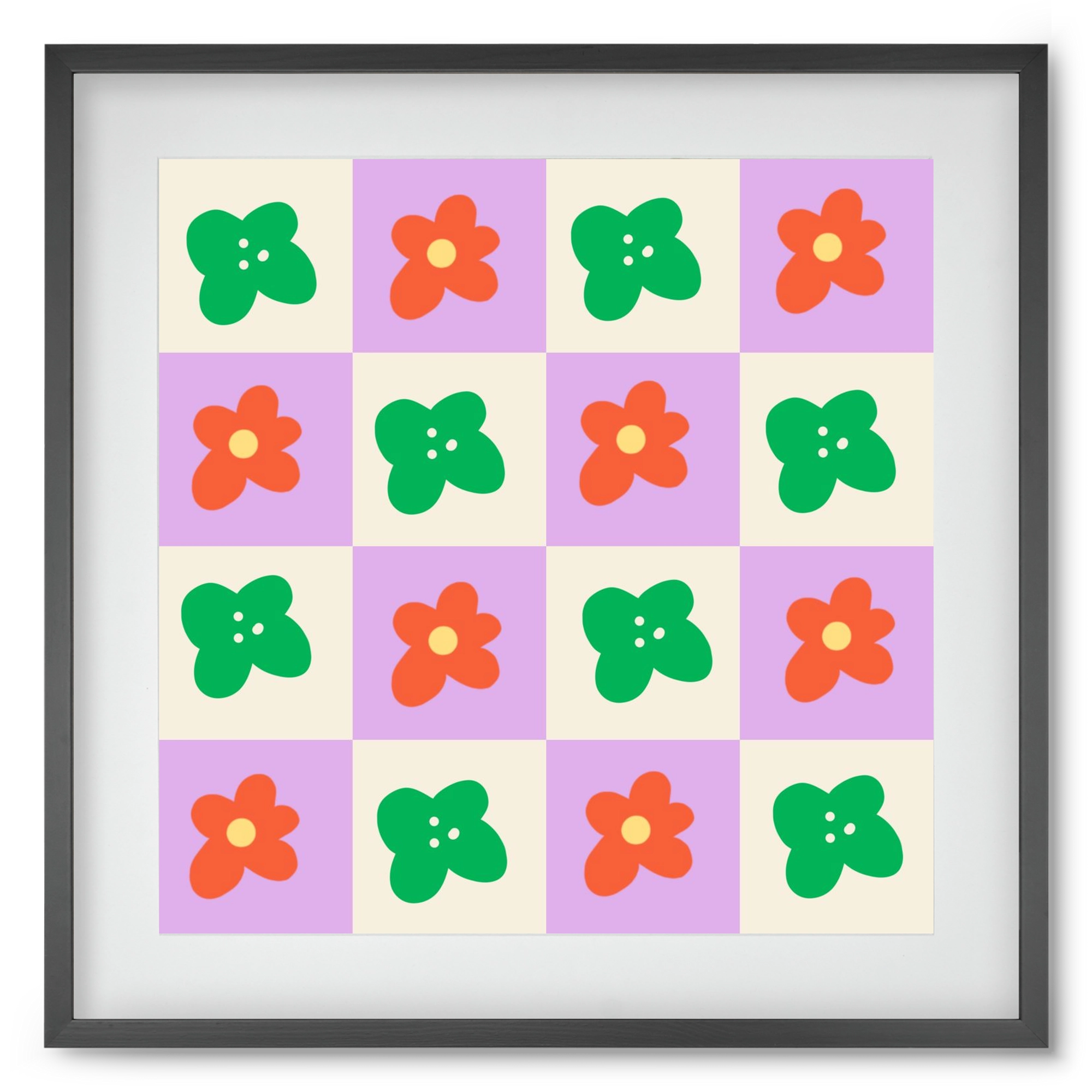 Checkered Flowers , 50x50 cm (40x40 cm), Fekete keret, paszpartuval