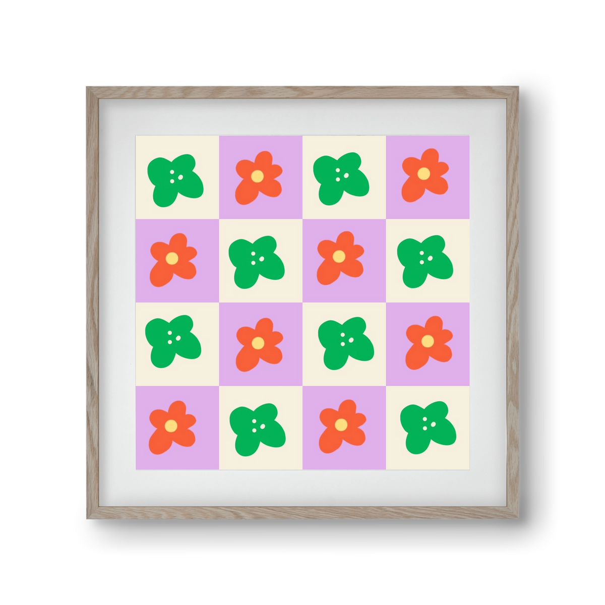 Checkered Flowers , 30x30 cm (20x20 cm), Tölgy keret, paszpartuval
