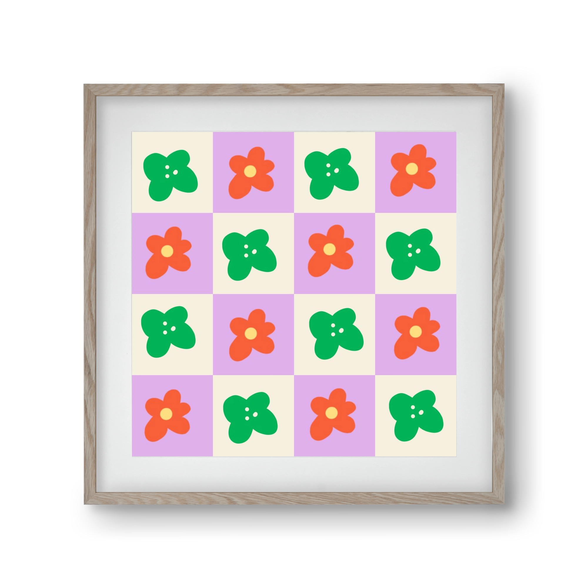 Checkered Flowers , 30x30 cm (20x20 cm), Tölgy keret, paszpartuval