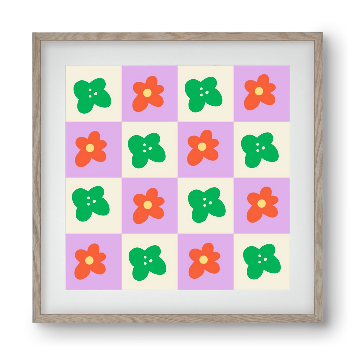 Checkered Flowers , 40x40 cm (30x30 cm), Tölgy keret, paszpartuval