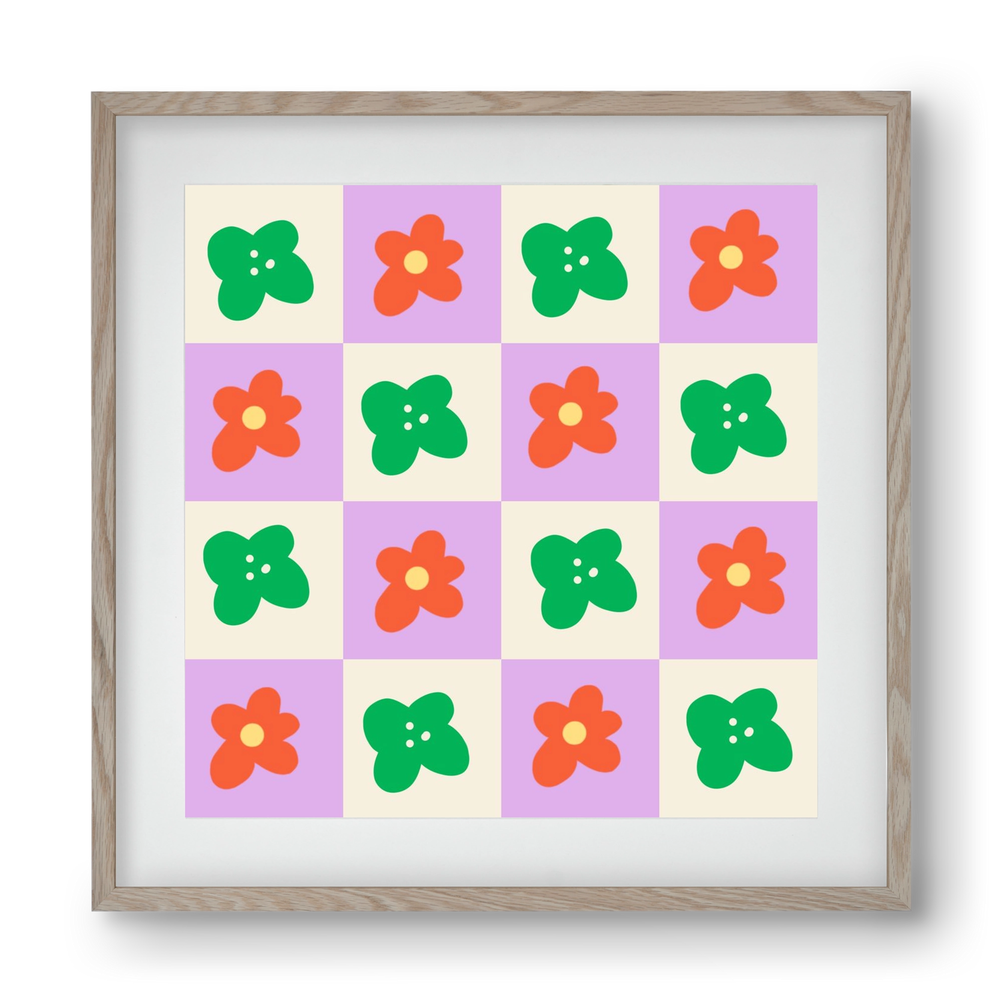 Checkered Flowers , 40x40 cm (30x30 cm), Tölgy keret, paszpartuval