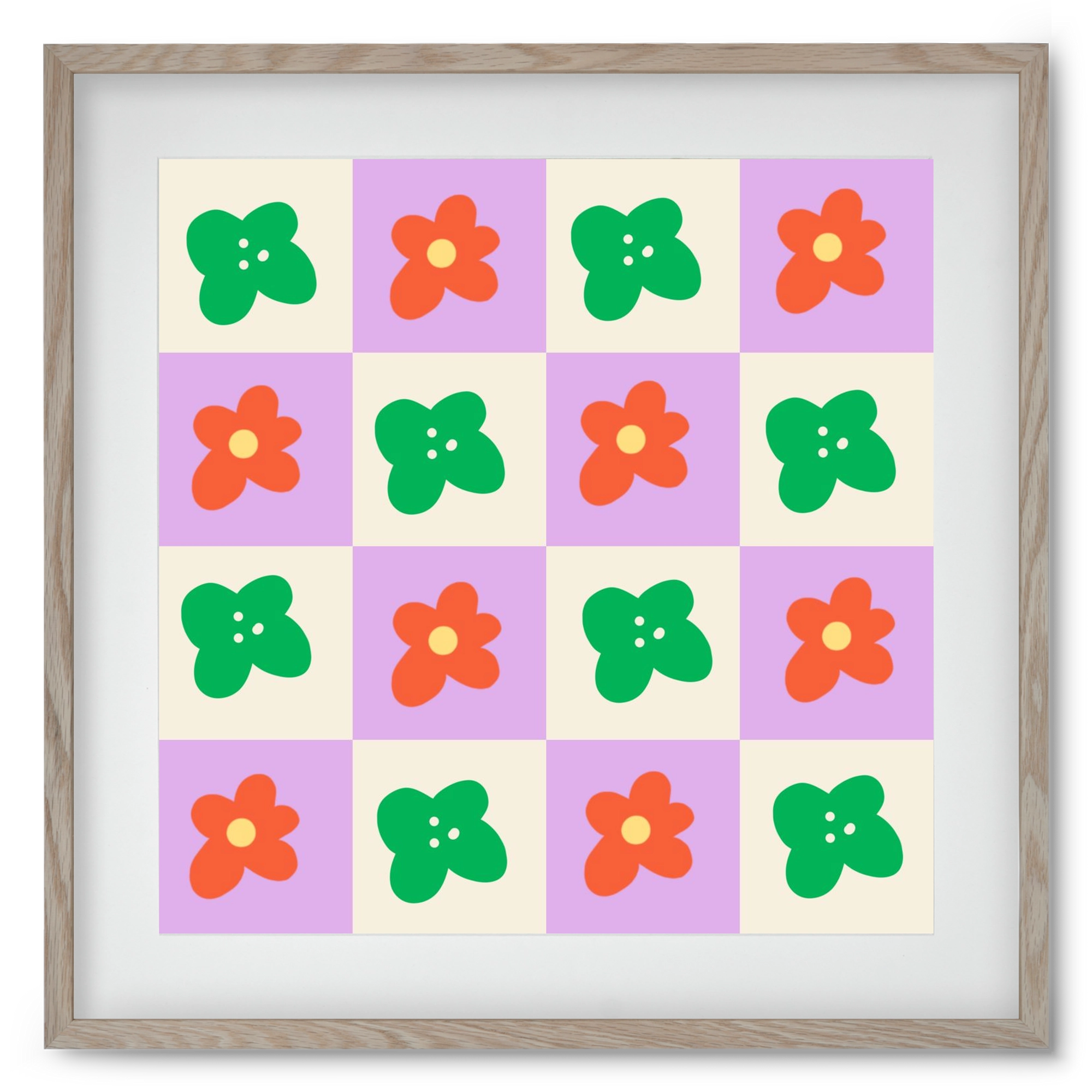 Checkered Flowers , 50x50 cm (40x40 cm), Tölgy keret, paszpartuval
