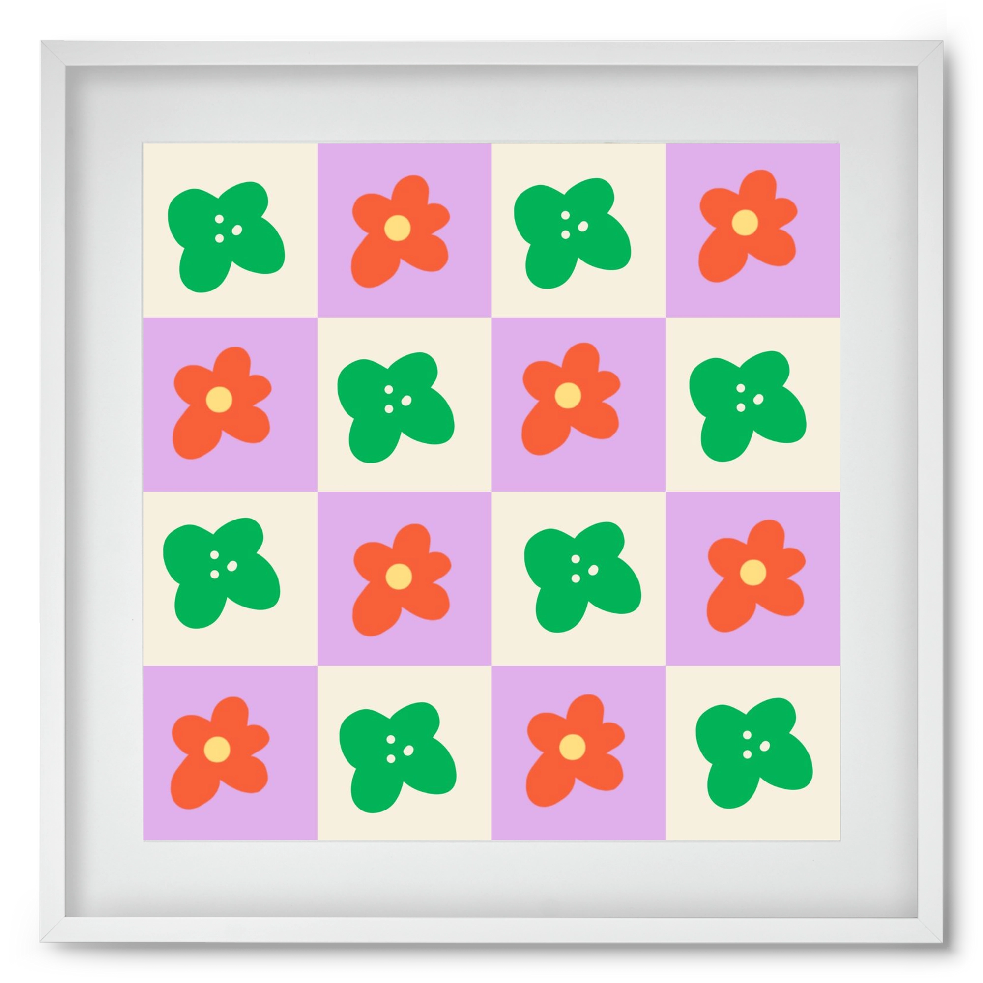 Checkered Flowers , 50x50 cm (40x40 cm), Fehér keret, paszpartuval
