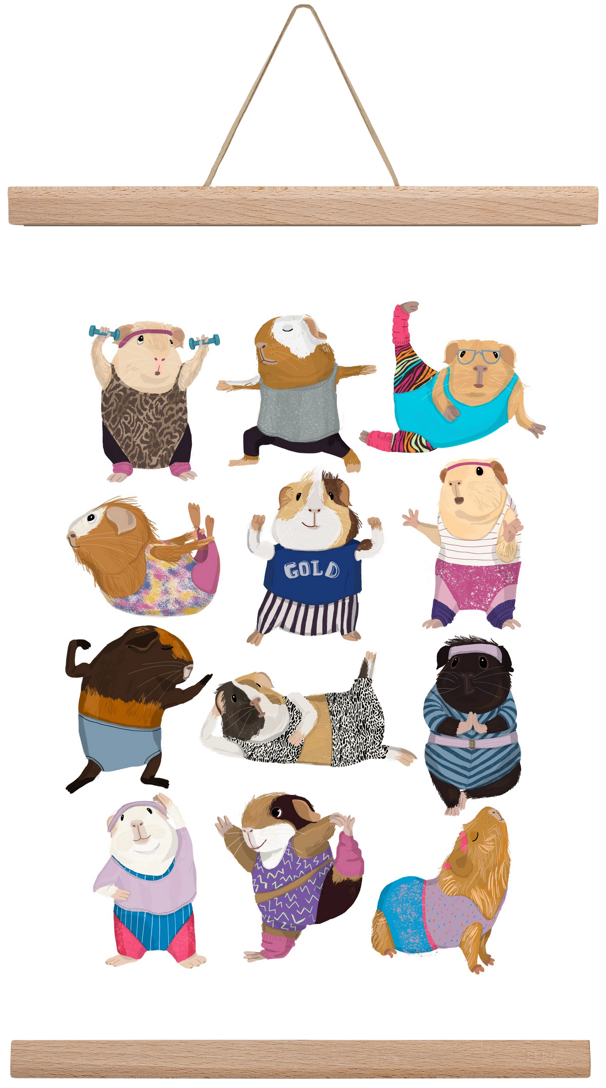 Guinea Pigs doing Aerobic, 30x45 cm (30x45 cm), Tölgy akasztó