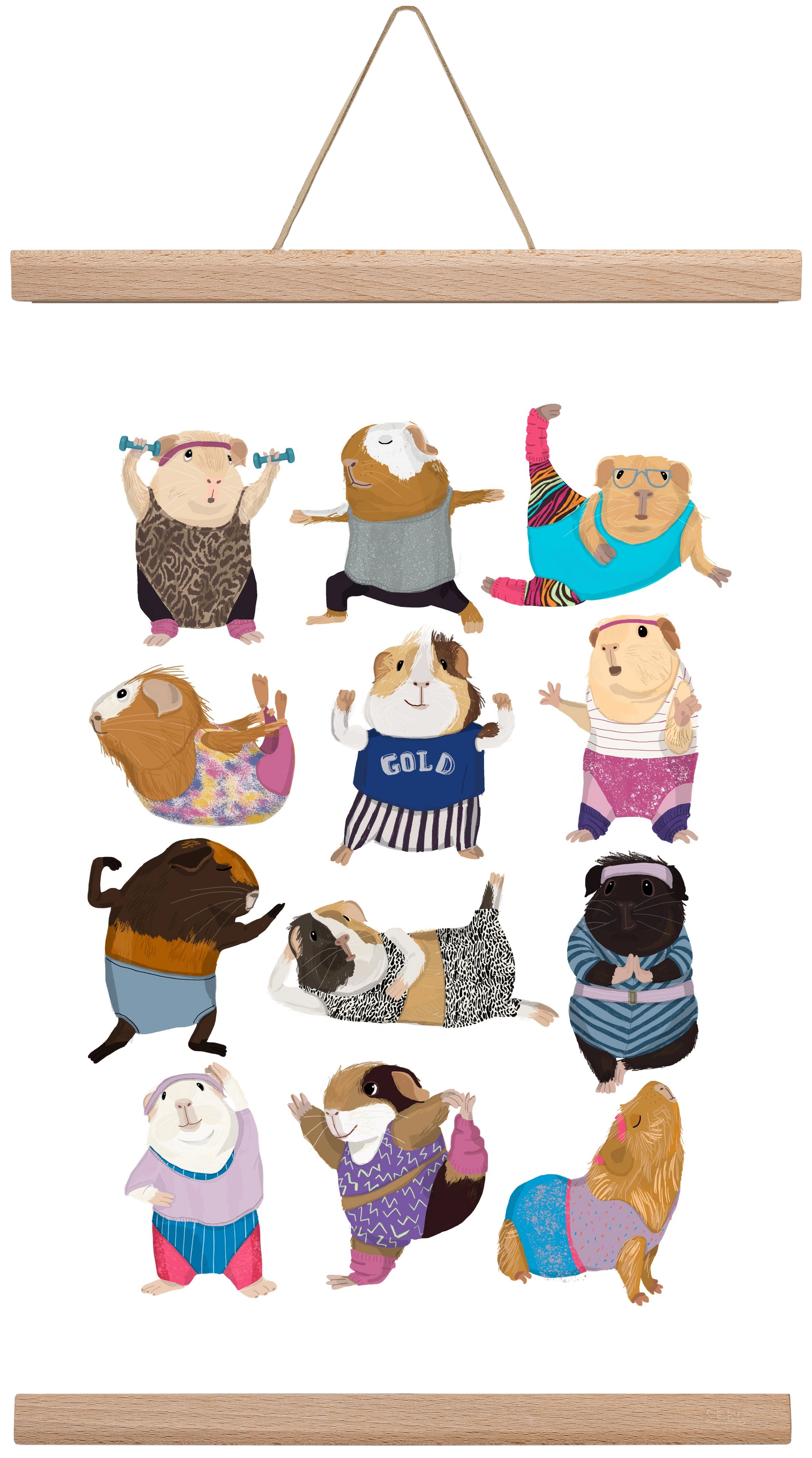 Guinea Pigs doing Aerobic, 30x45 cm (30x45 cm), Tölgy akasztó