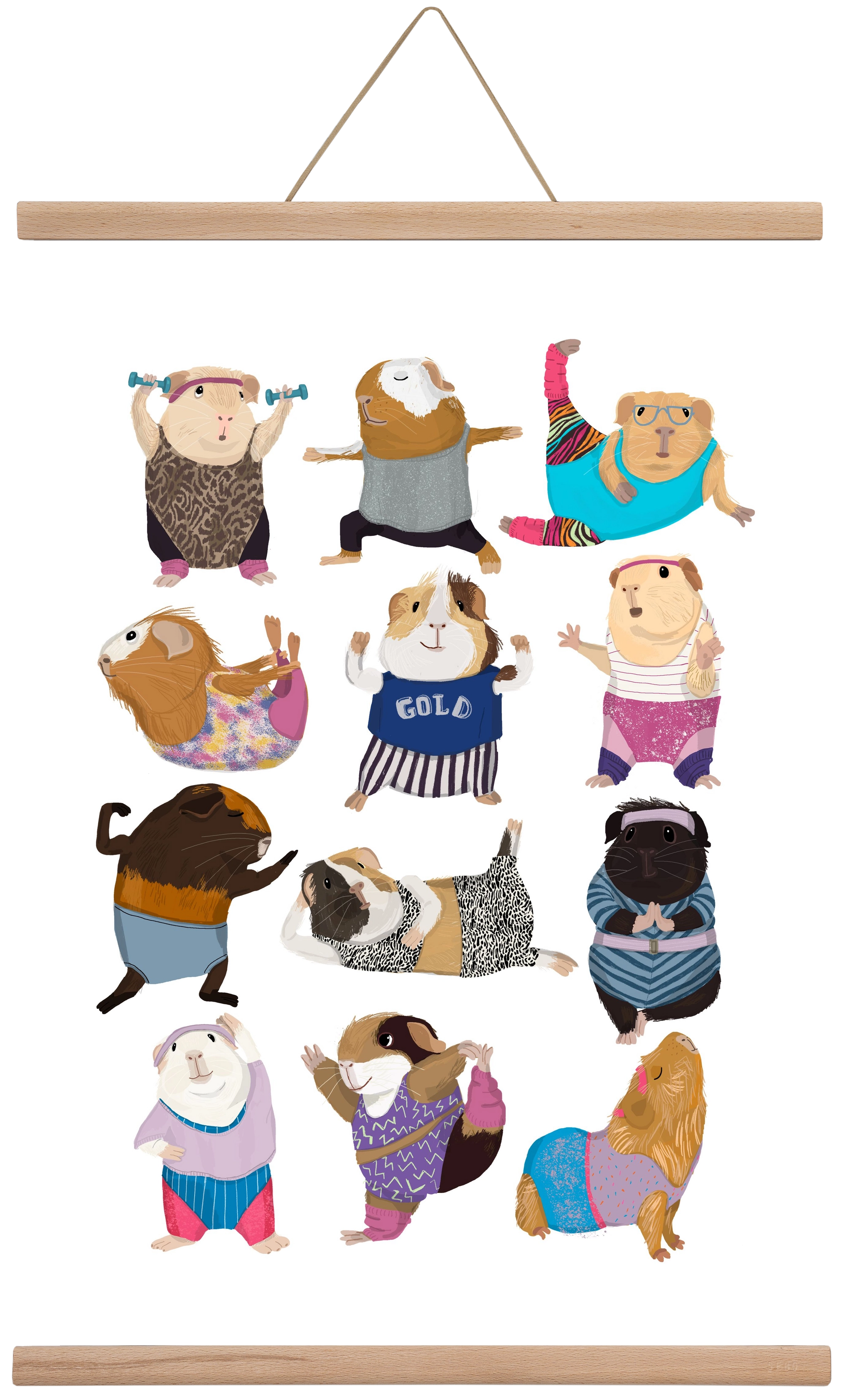 Guinea Pigs doing Aerobic, 40x60 cm (40x60 cm), Tölgy akasztó