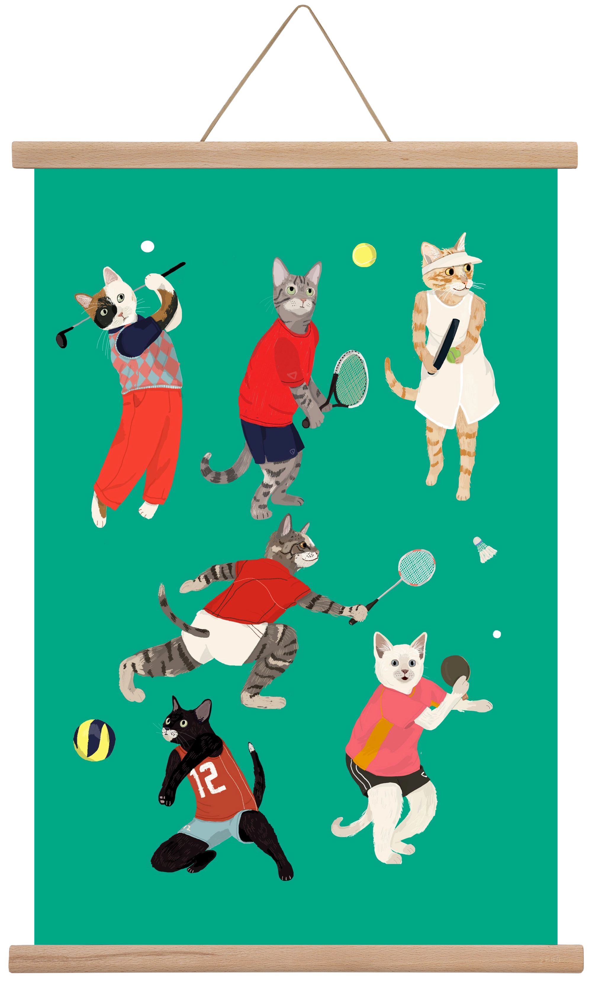 Cats doing ballsport, 40x60 cm (40x60 cm), Tölgy akasztó