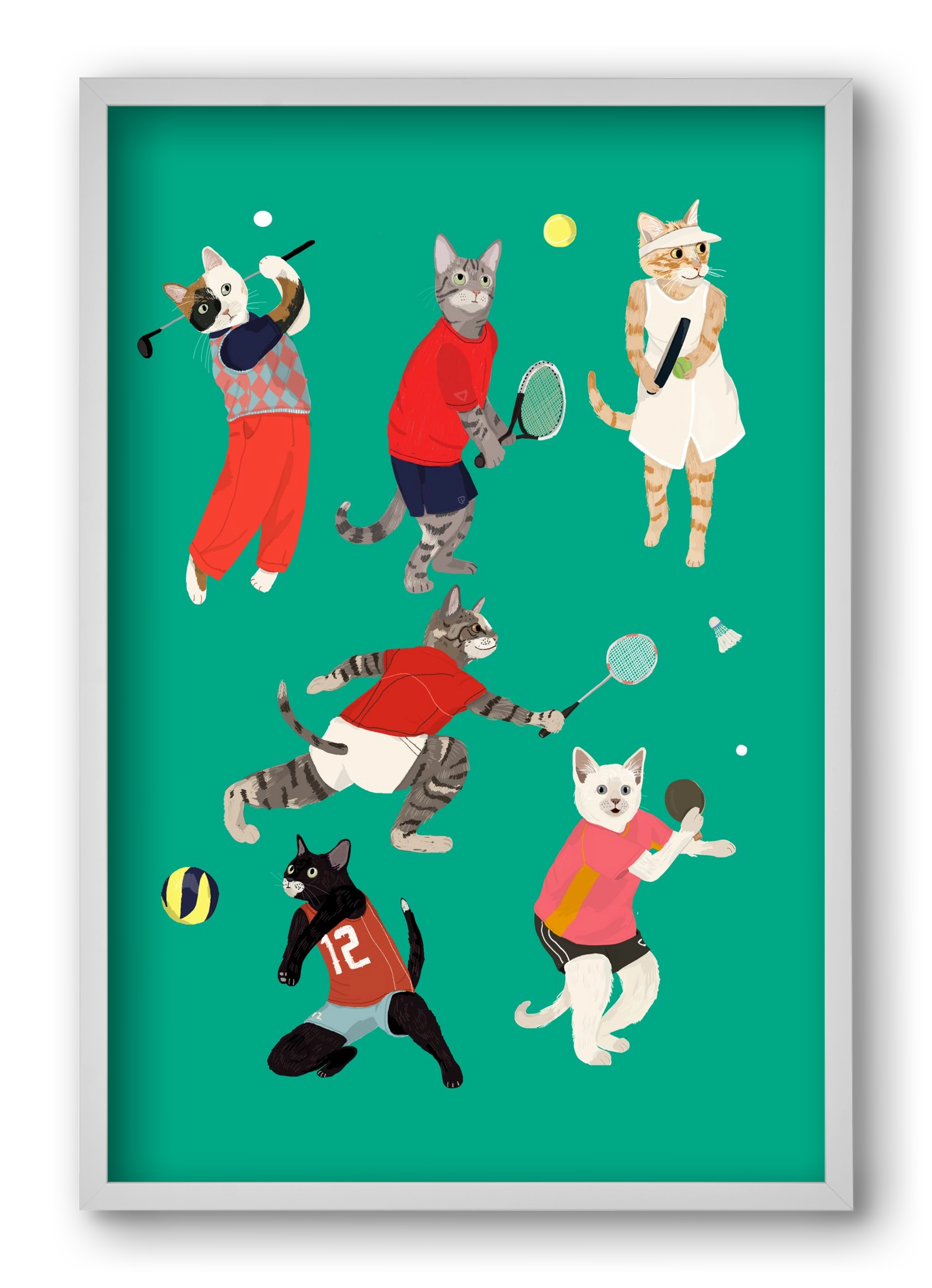 Cats doing ballsport, 40x60 cm (40x60 cm), Fehér keret