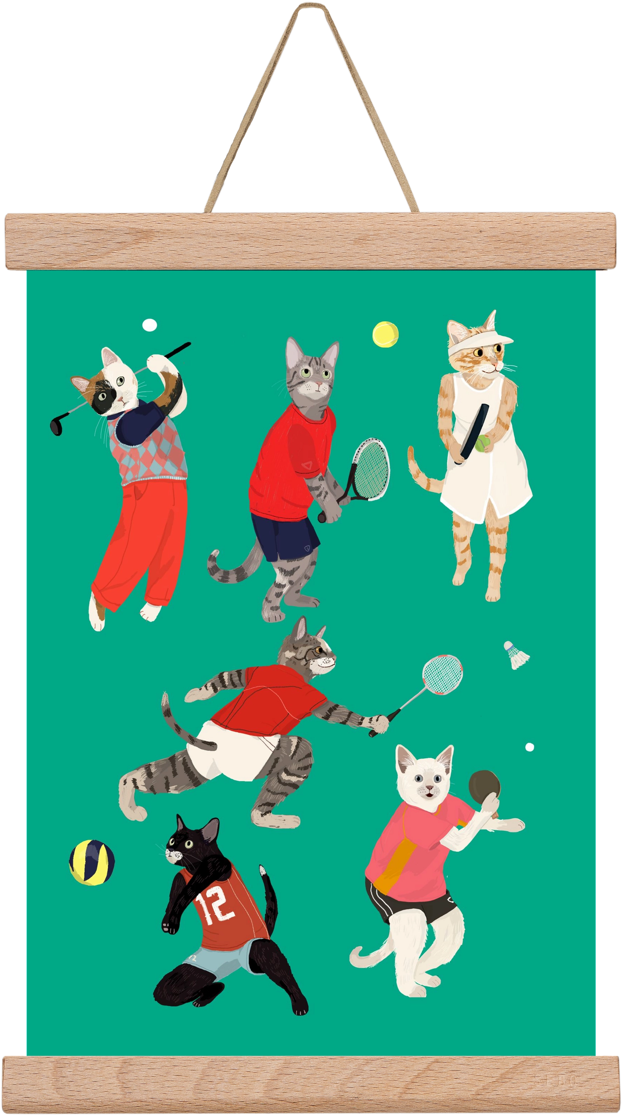 Cats doing ballsport, 20x30 cm (20x30 cm), Tölgy akasztó