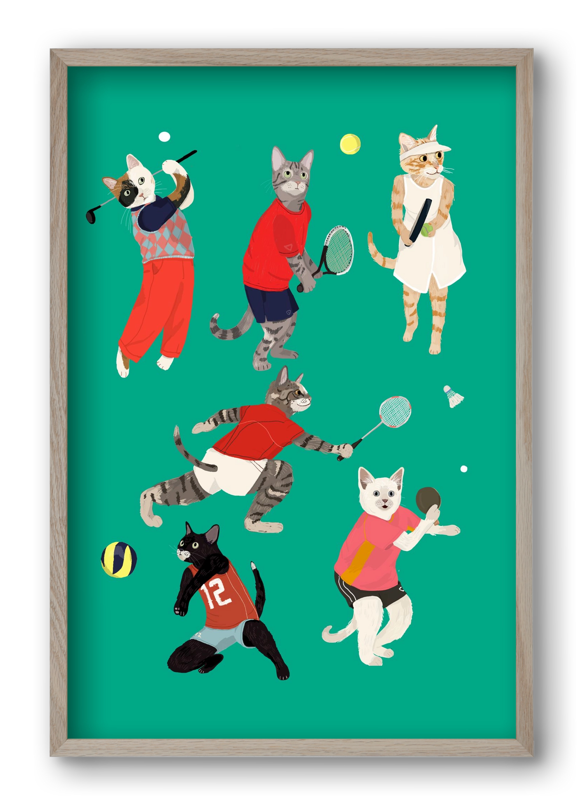 Cats doing ballsport, 40x60 cm (40x60 cm), Tölgy keret