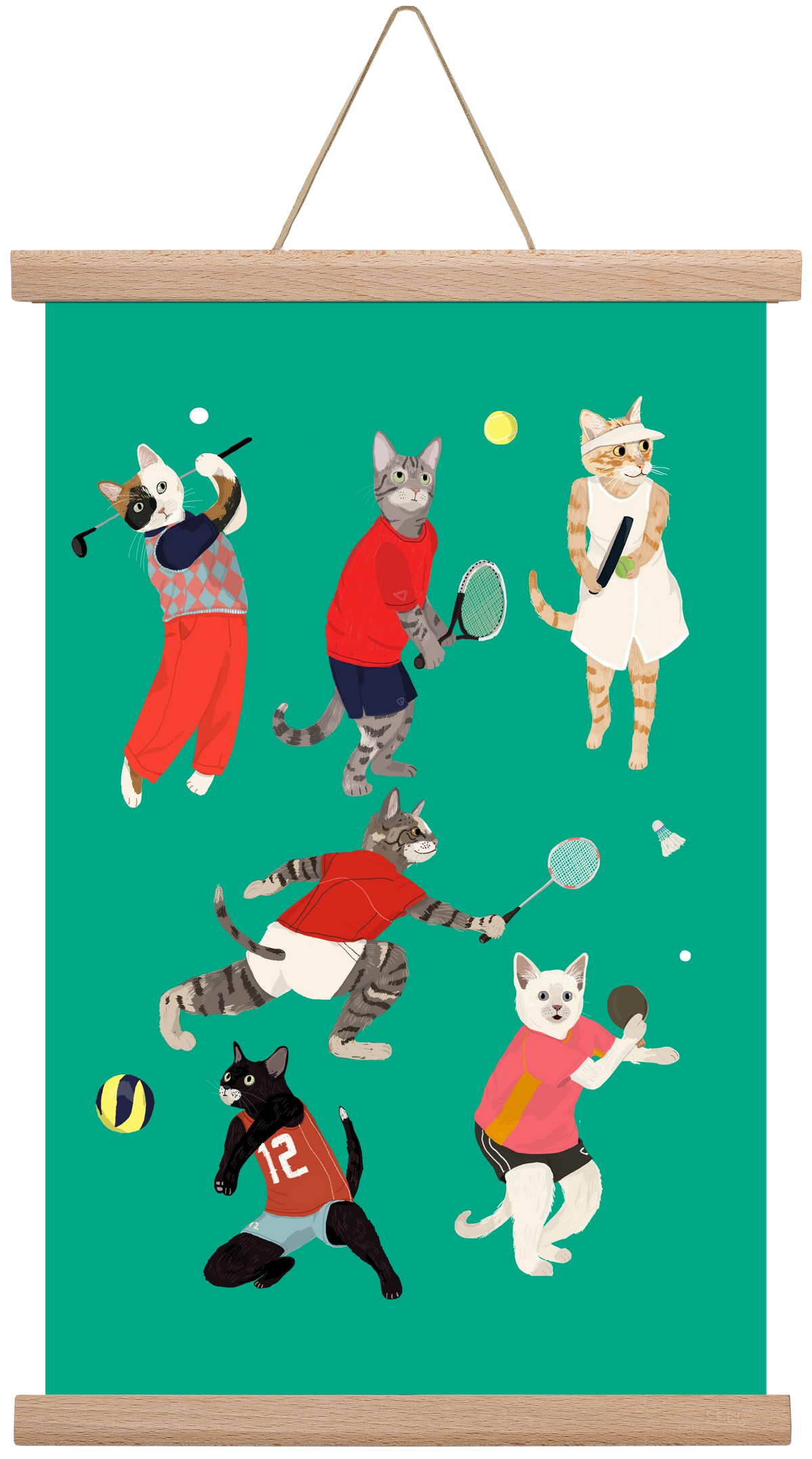 Cats doing ballsport, 30x45 cm (30x45 cm), Tölgy akasztó