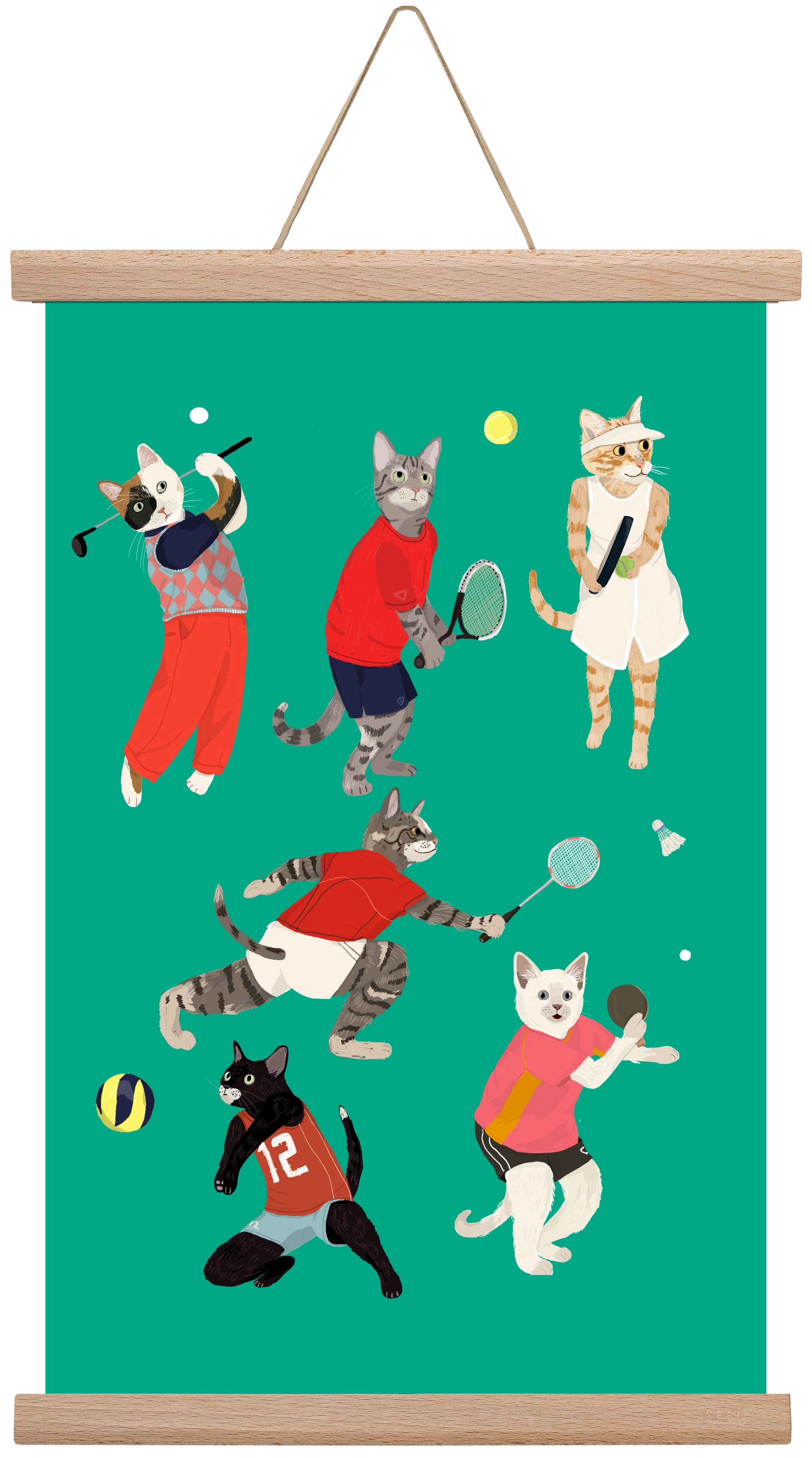 Cats doing ballsport, 30x45 cm (30x45 cm), Tölgy akasztó