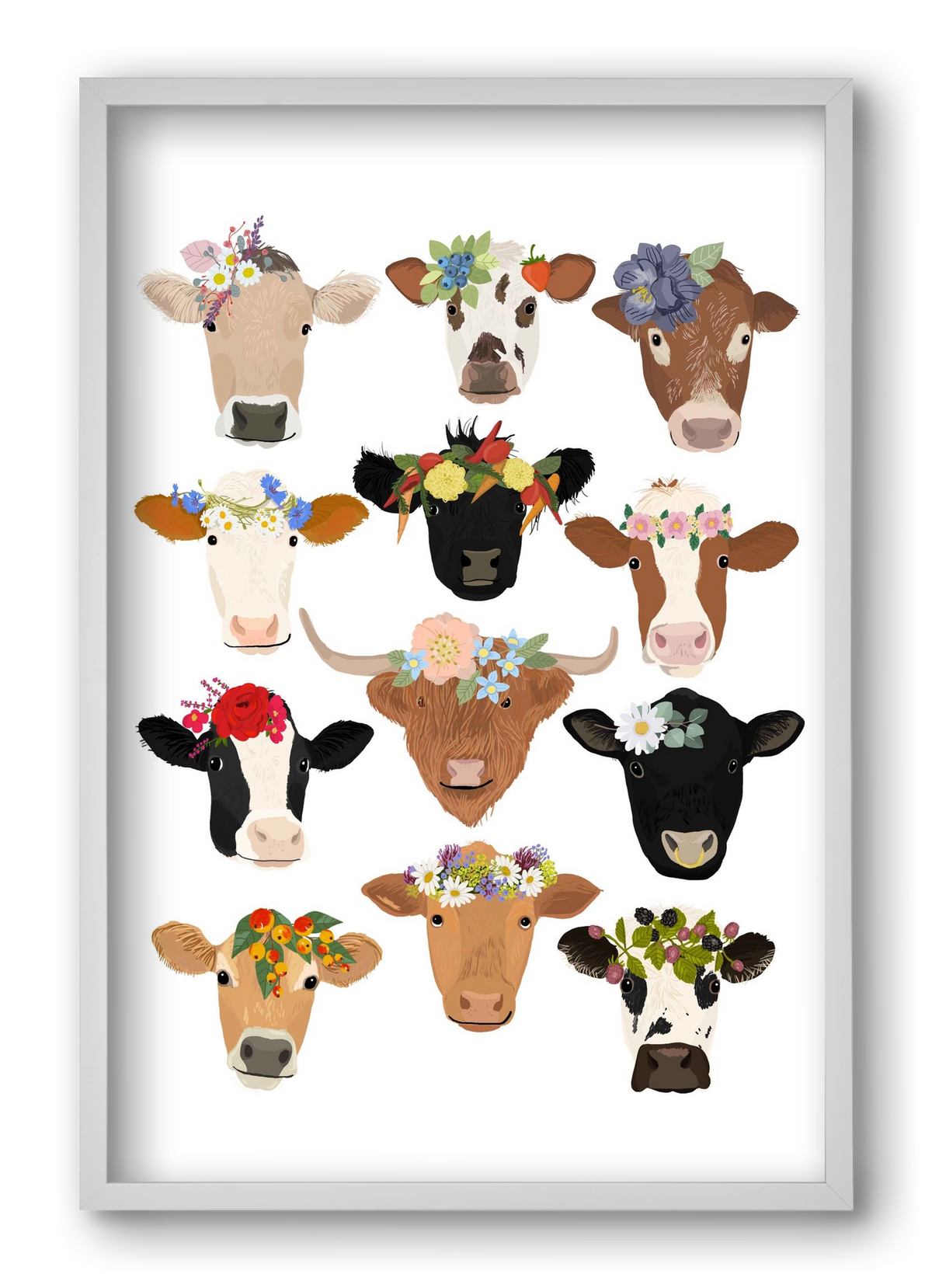 Flower Cow Print, 40x60 cm (40x60 cm), Fehér keret