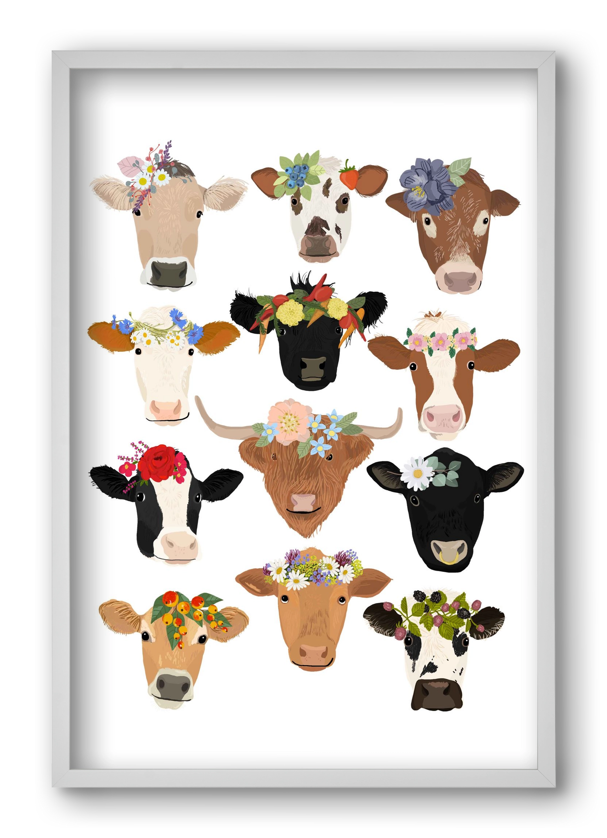 Flower Cow Print, 40x60 cm (40x60 cm), Fehér keret